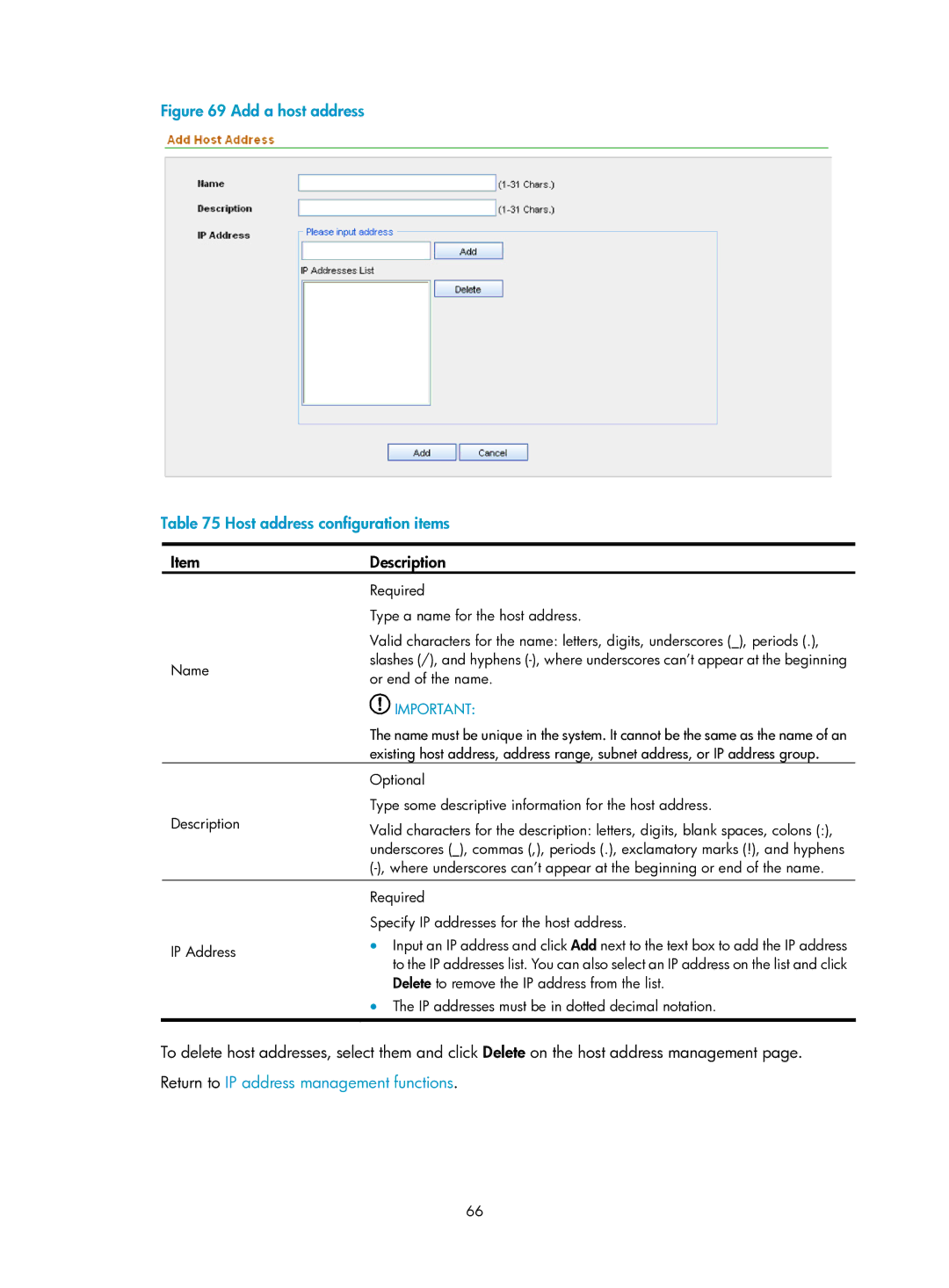 HP Firewall manual Add a host address Host address configuration items 