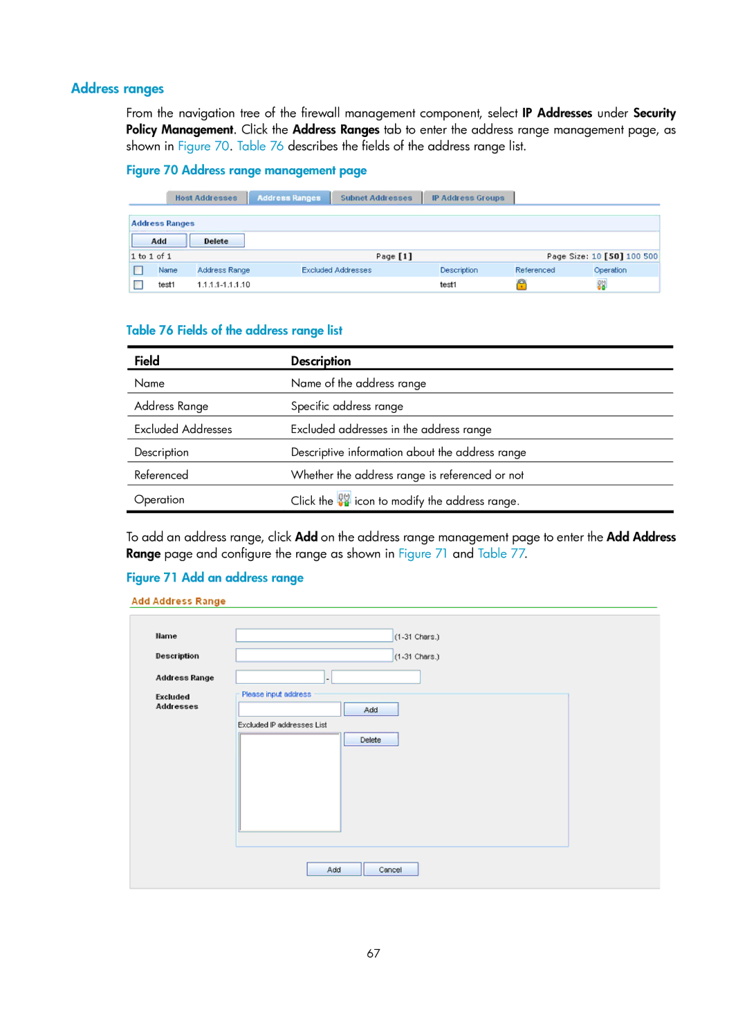 HP Firewall manual Address ranges, Address range management Fields of the address range list 