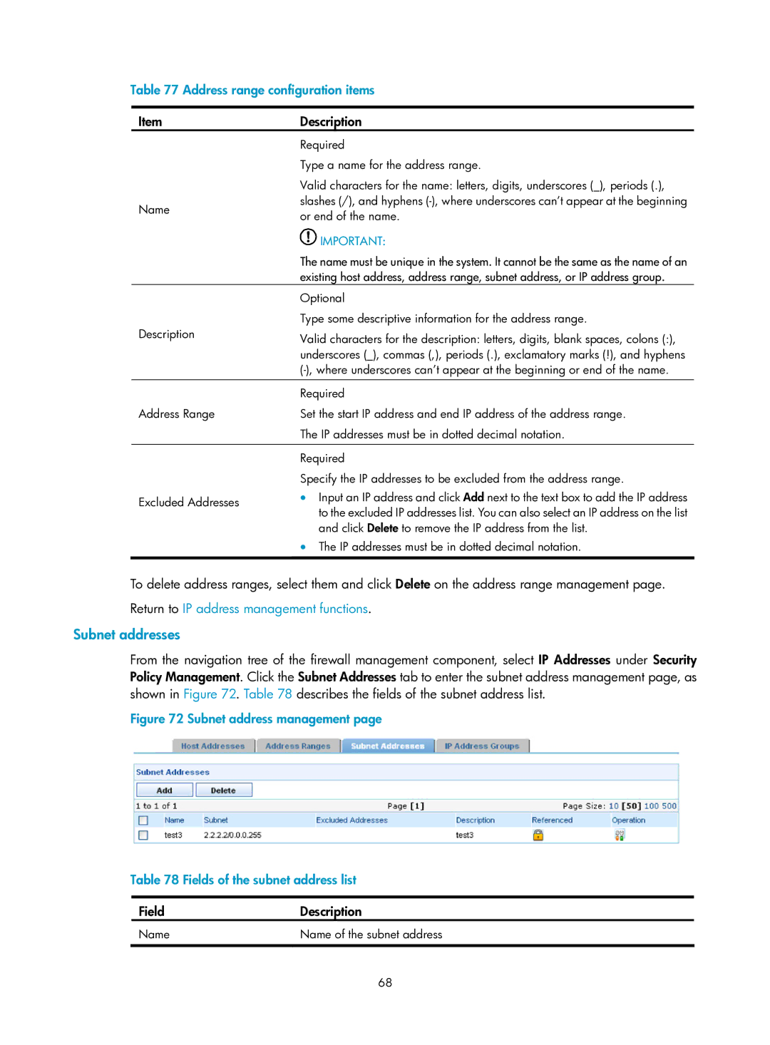 HP Firewall manual Subnet addresses, Address range configuration items 