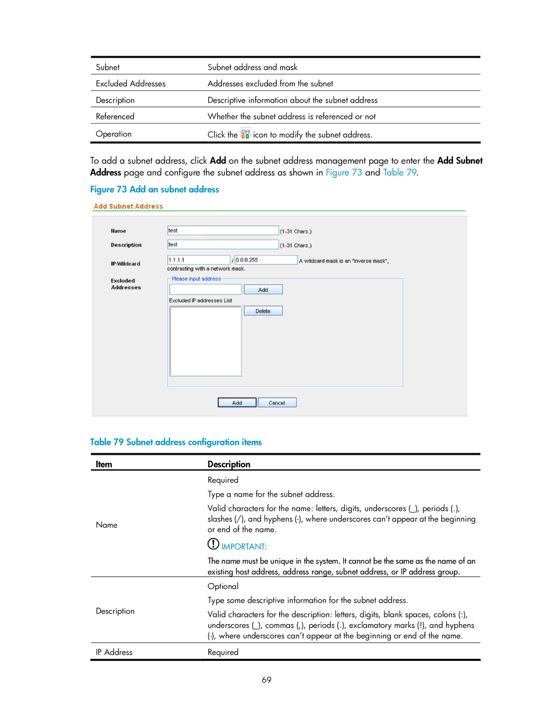 HP Firewall manual Add an subnet address Subnet address configuration items 