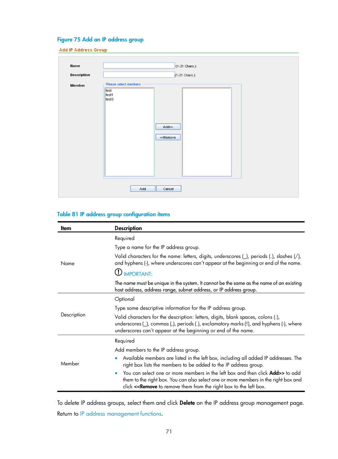 HP Firewall manual Add an IP address group IP address group configuration items 