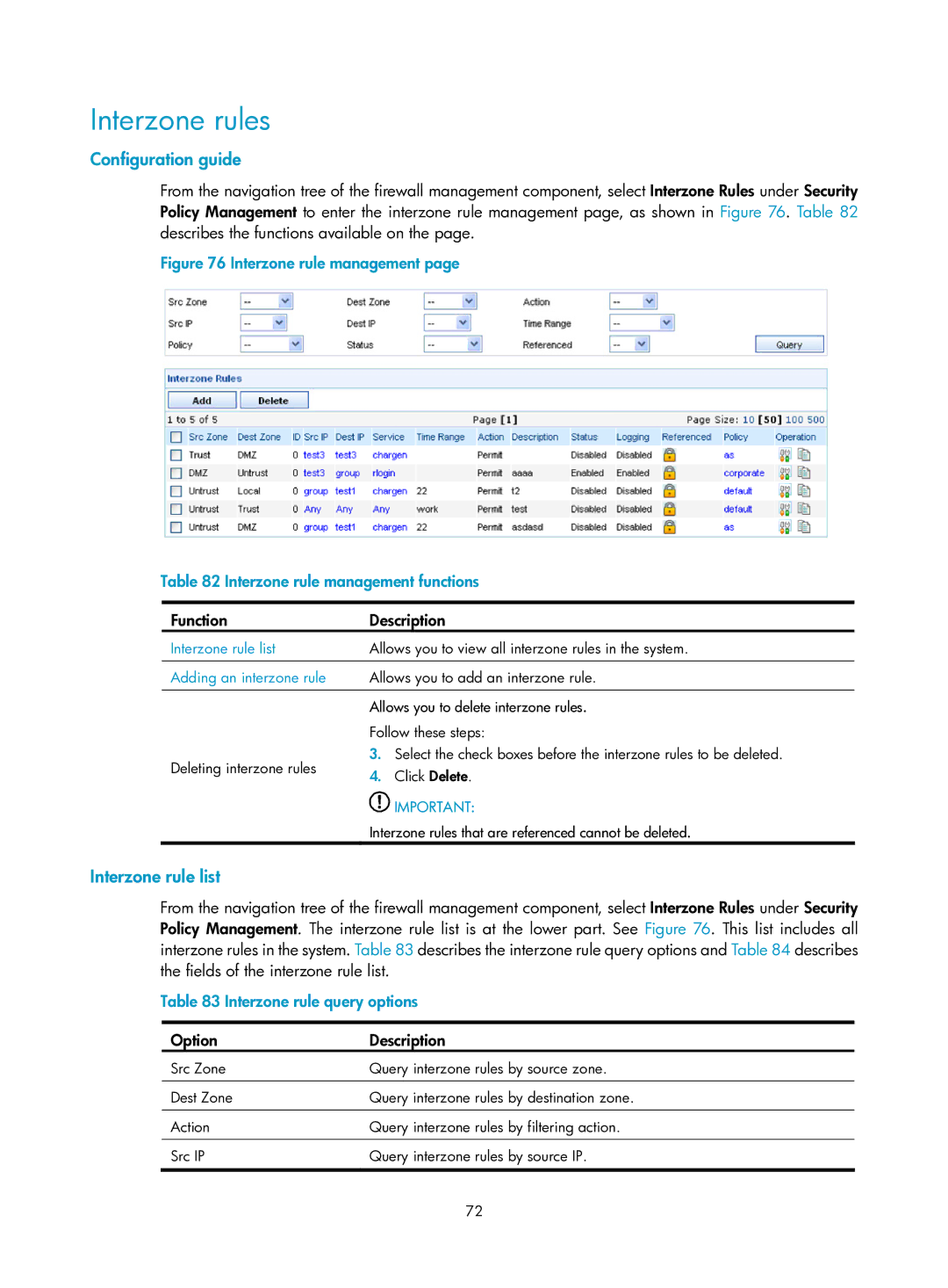 HP Firewall manual Interzone rules, Interzone rule list, Interzone rule query options, Adding an interzone rule 