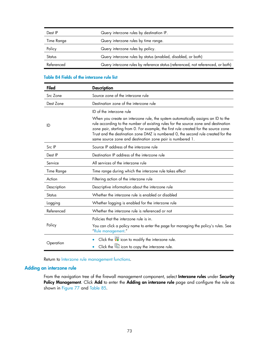 HP Firewall manual Adding an interzone rule, Fields of the interzone rule list, Filed Description, Rule management 