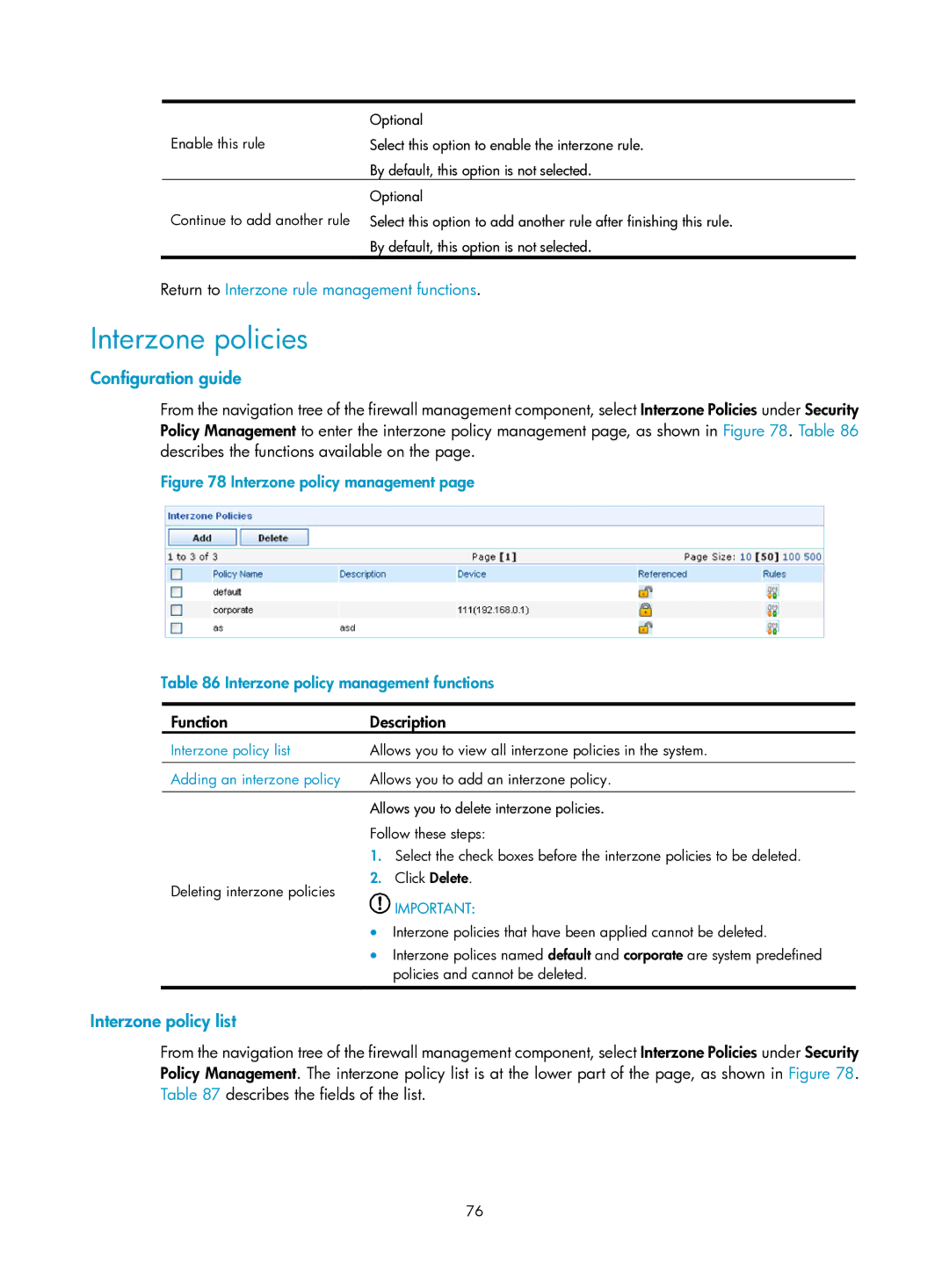 HP Firewall manual Interzone policies, Interzone policy list, Adding an interzone policy 