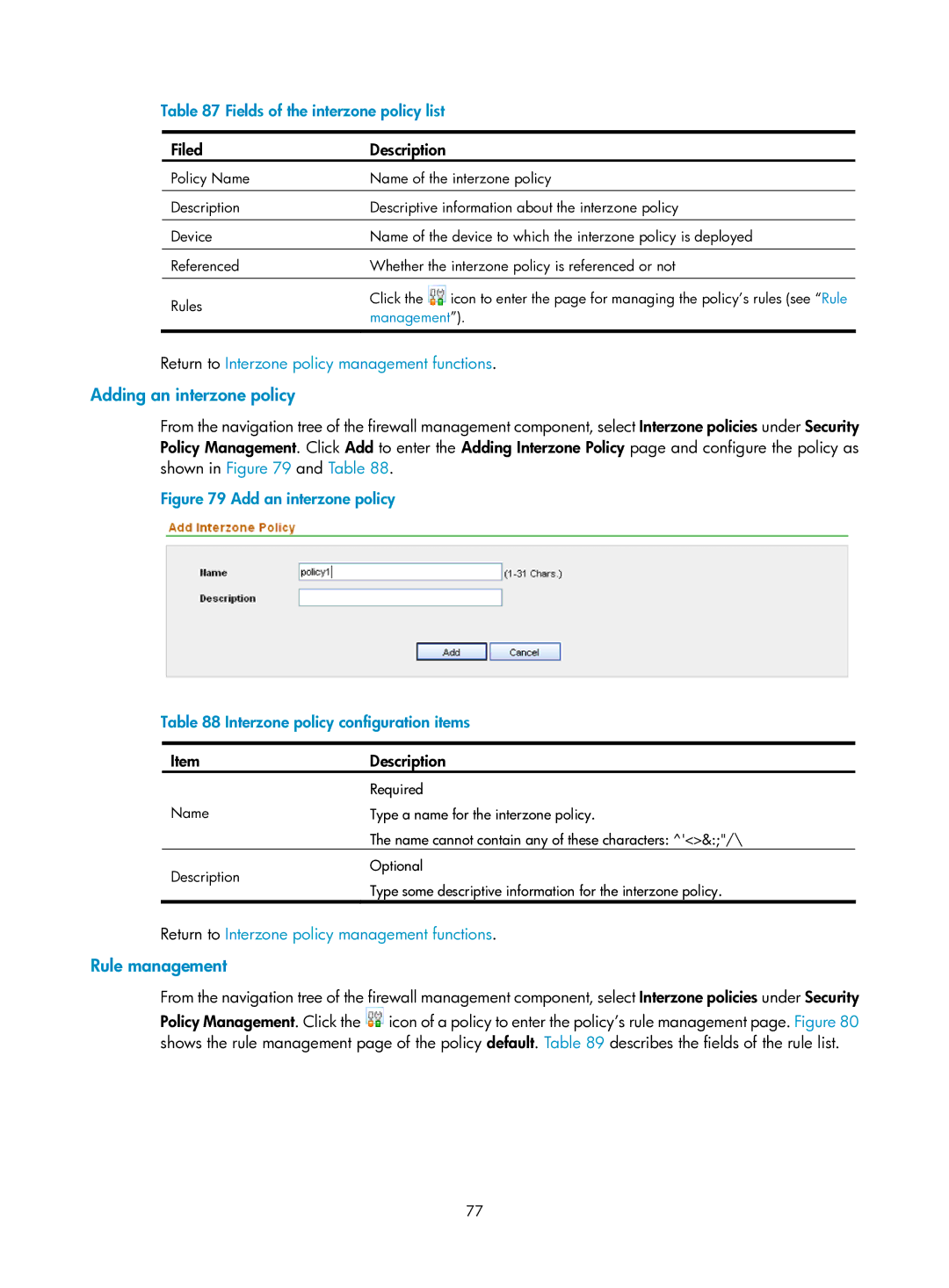 HP Firewall manual Adding an interzone policy, Rule management, Fields of the interzone policy list, Management 