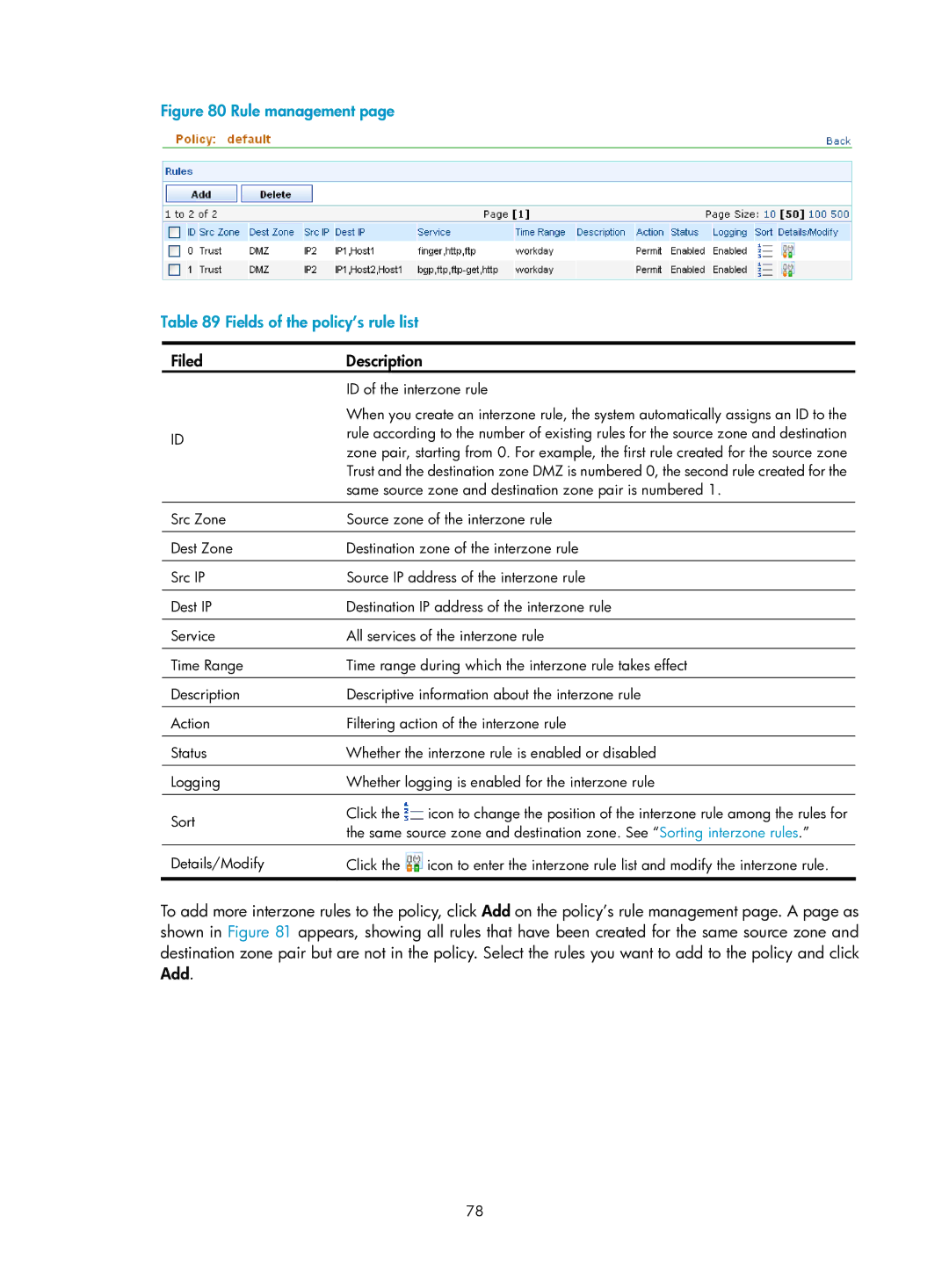 HP Firewall manual Rule management Fields of the policy’s rule list 