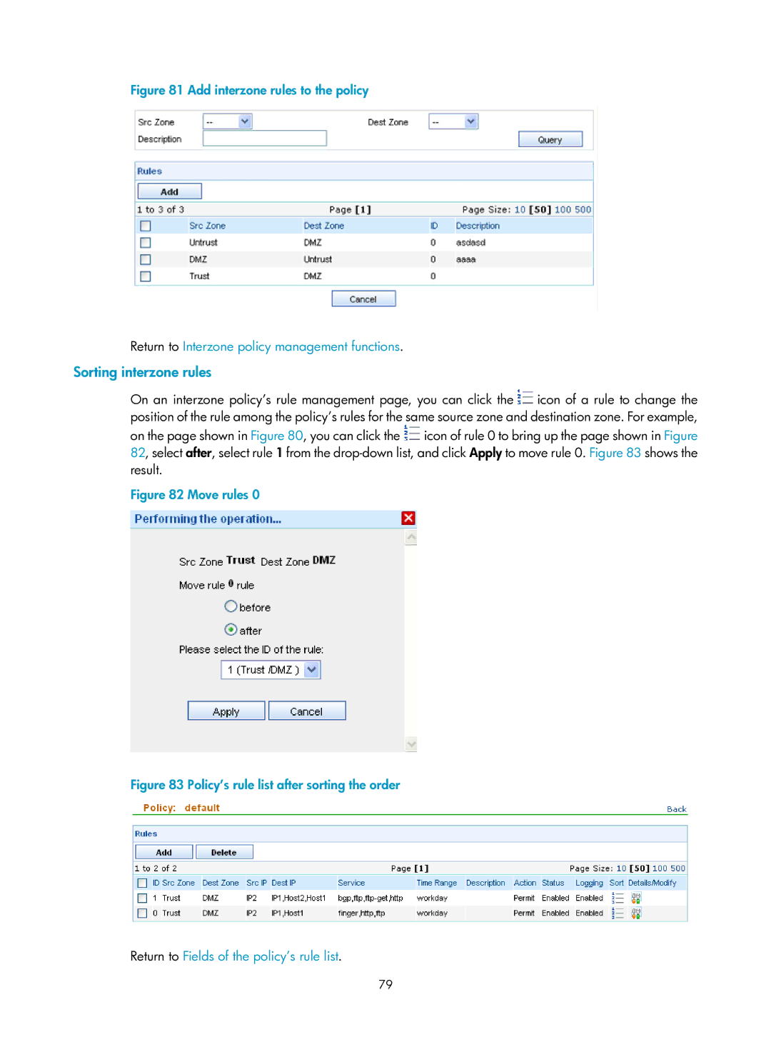 HP Firewall manual Sorting interzone rules, Move rules 