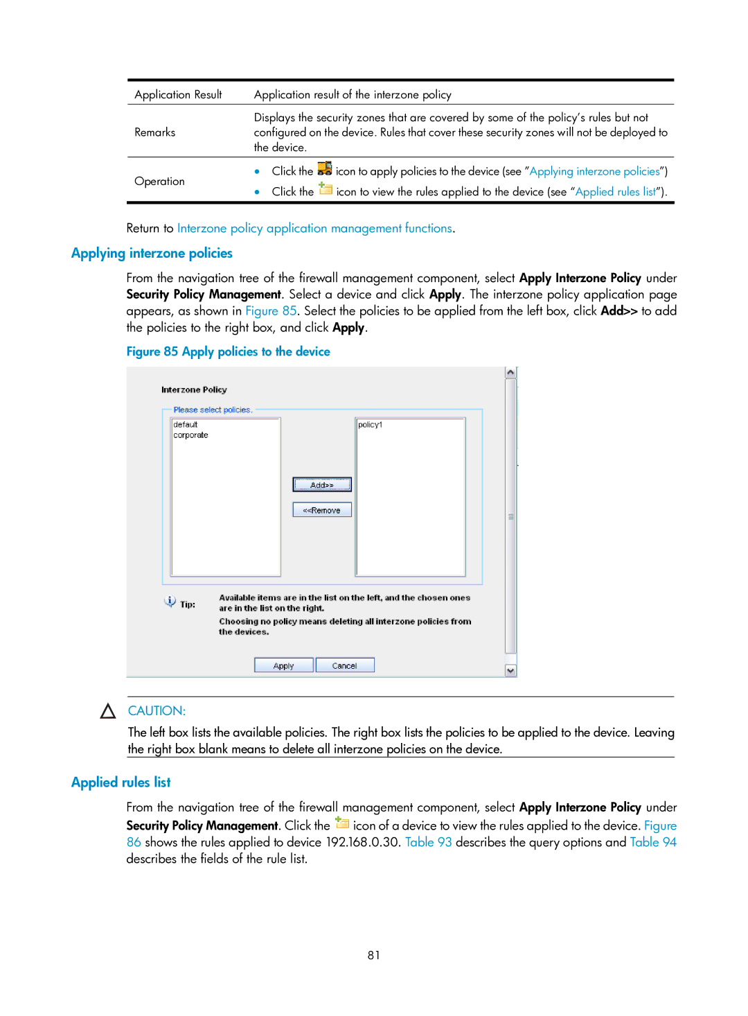 HP Firewall Applying interzone policies, Applied rules list, Return to Interzone policy application management functions 