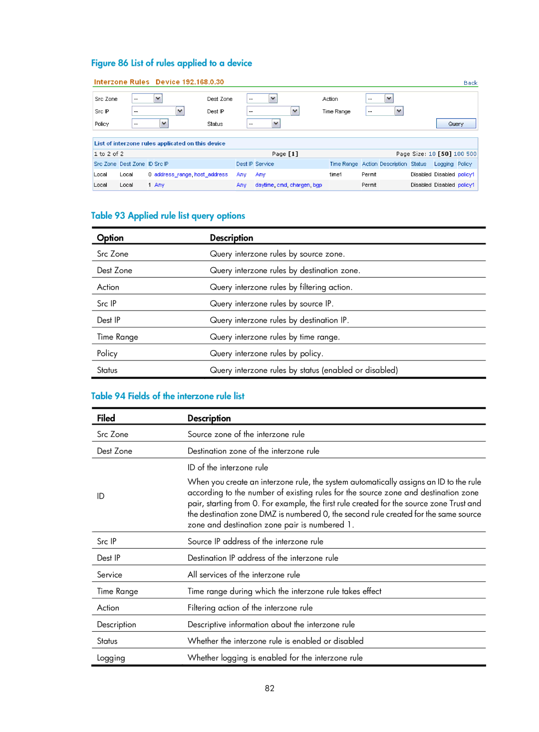 HP Firewall manual Zone and destination zone pair is numbered 