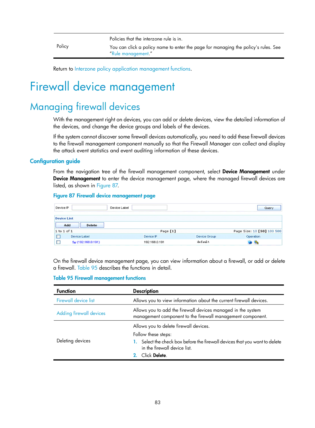 HP manual Firewall device management, Managing firewall devices, Firewall management functions, Firewall device list 