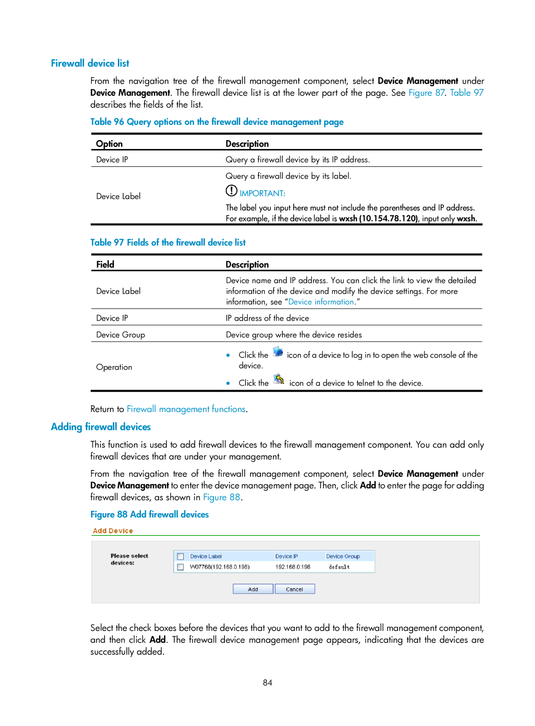 HP manual Firewall device list, Adding firewall devices, Query options on the firewall device management 