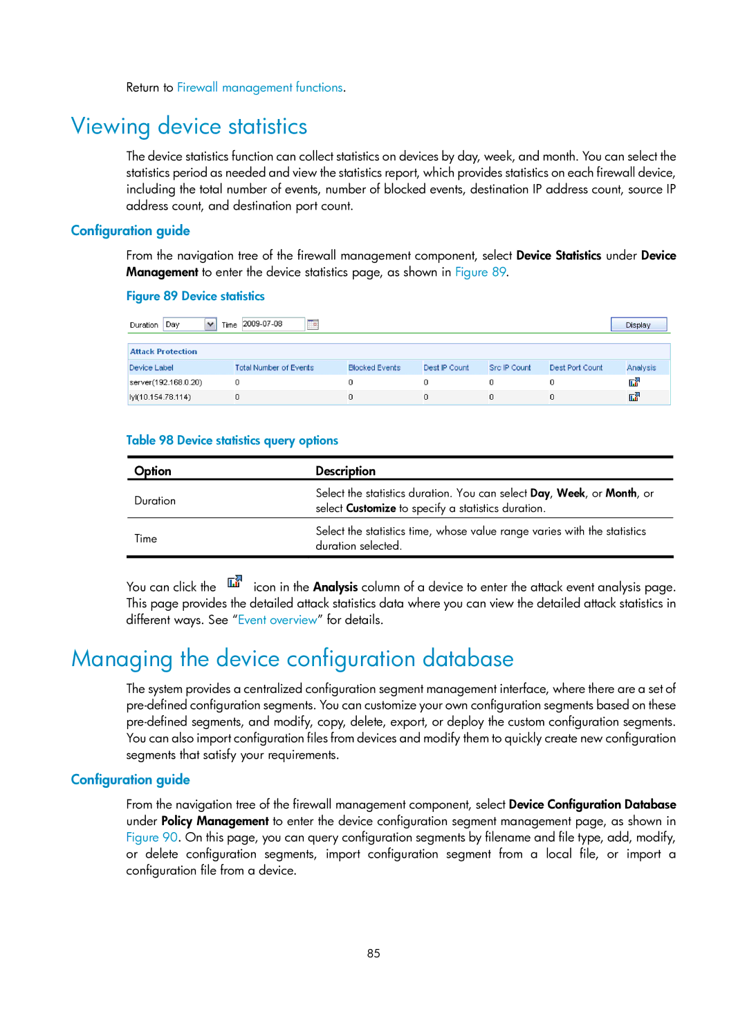 HP Firewall manual Viewing device statistics, Managing the device configuration database 