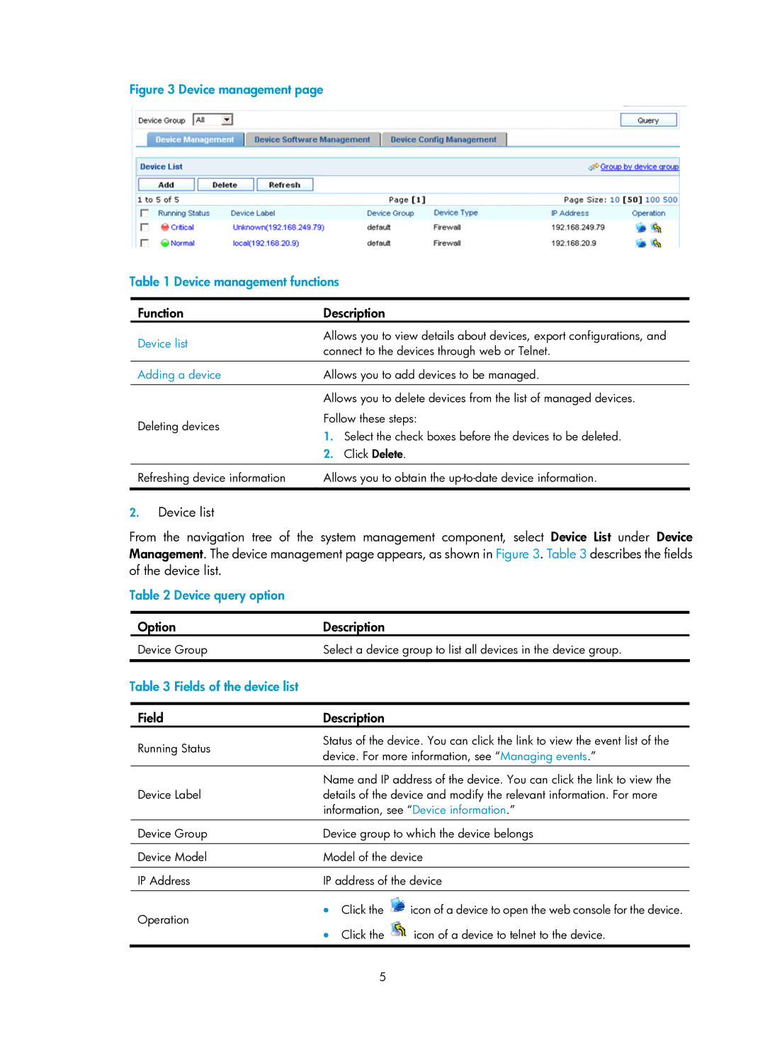 HP Firewall Function Description, Device query option, Option Description, Fields of the device list, Field Description 