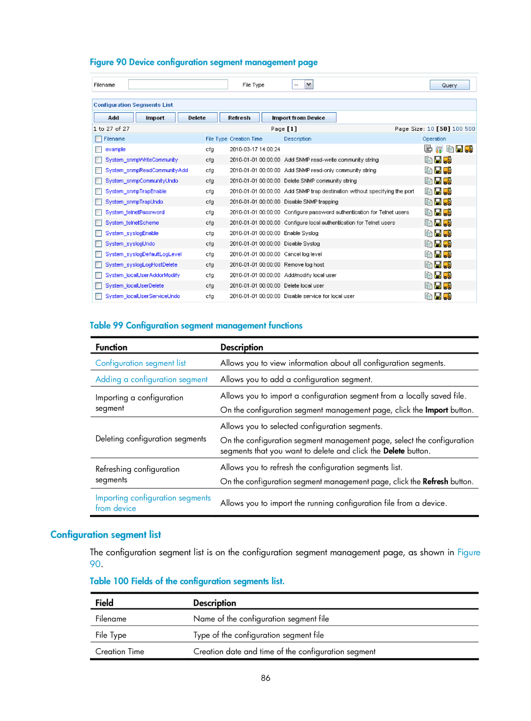 HP Firewall manual Configuration segment list, Fields of the configuration segments list 