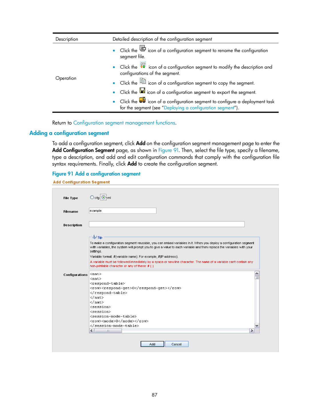 HP Firewall manual Adding a configuration segment, Return to Configuration segment management functions 