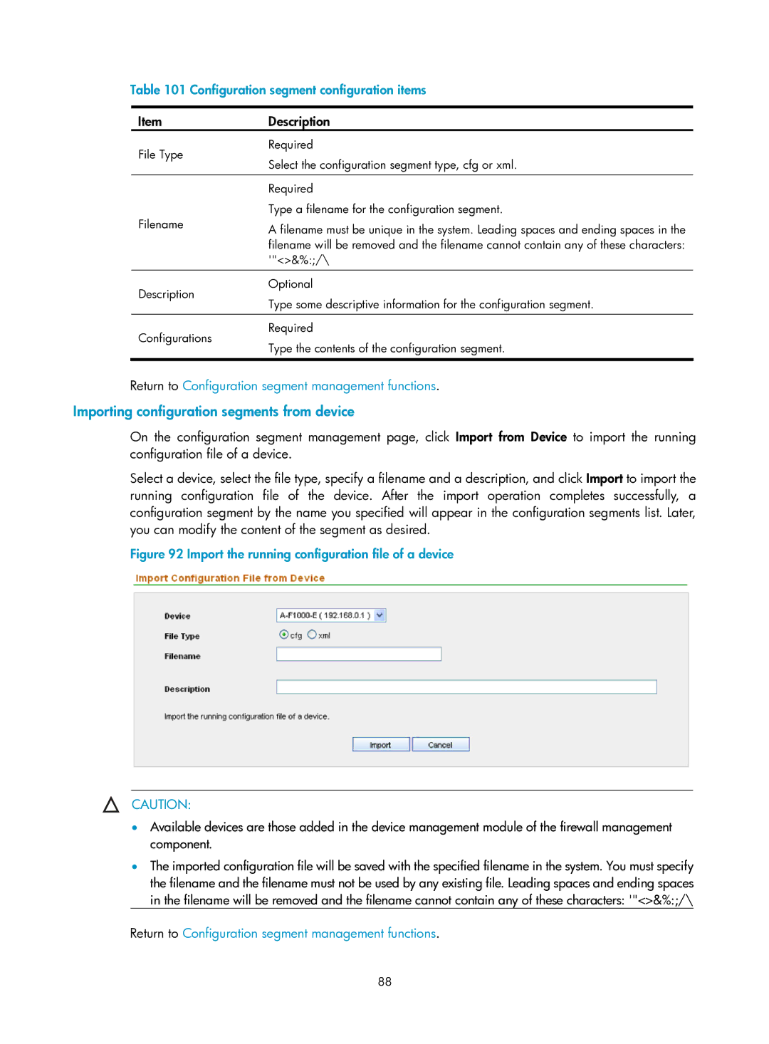 HP Firewall manual Importing configuration segments from device, Configuration segment configuration items 