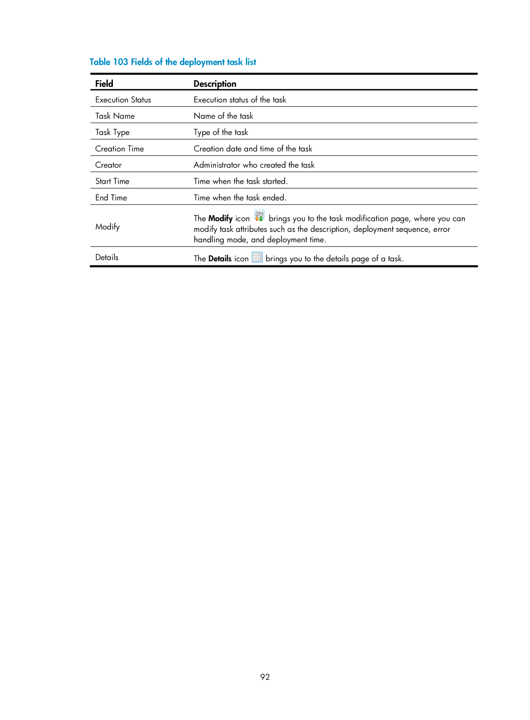 HP Firewall manual Fields of the deployment task list 