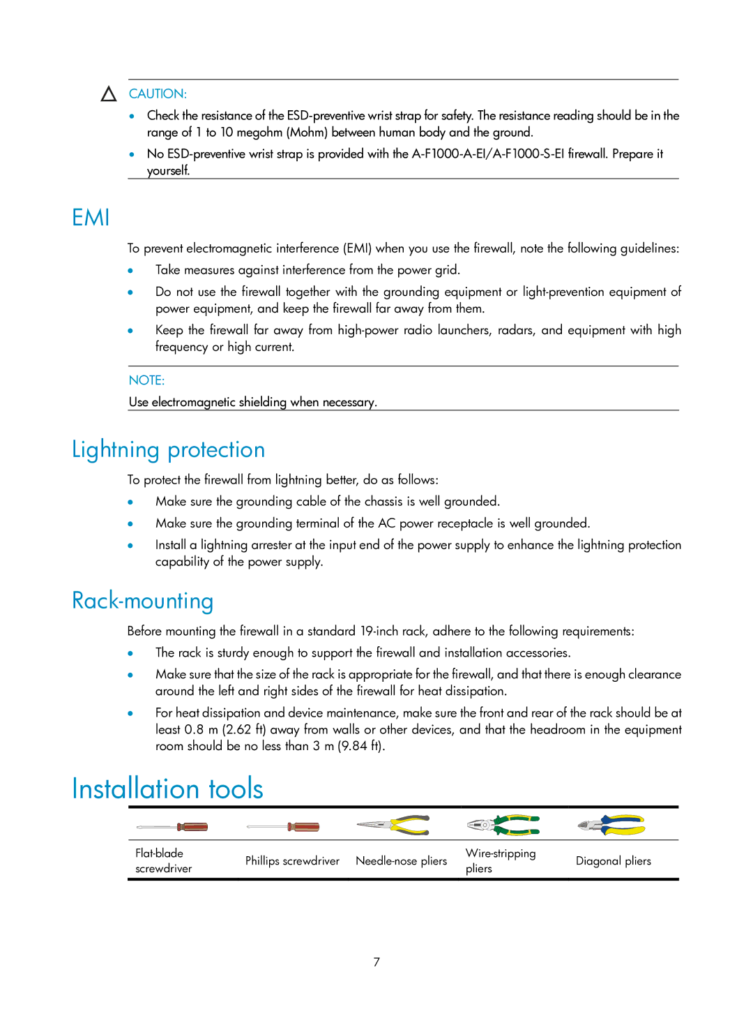 HP Firewall manual Installation tools, Lightning protection, Rack-mounting 