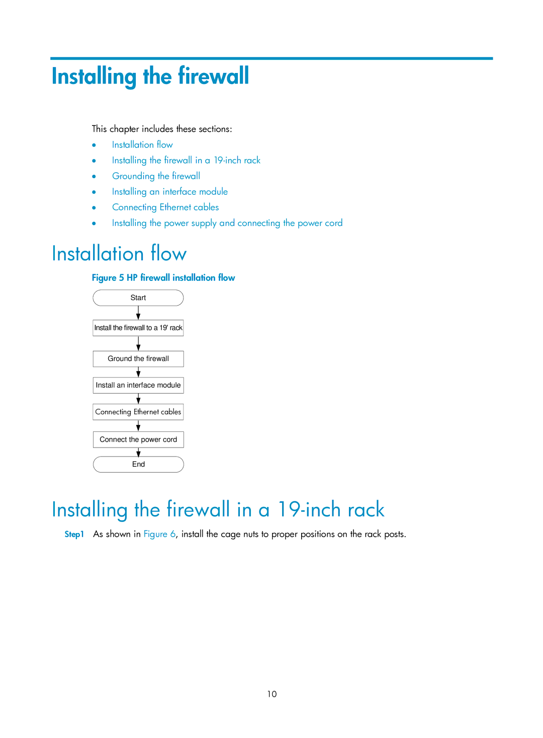 HP Firewall manual Installation flow, Installing the firewall in a 19-inch rack 