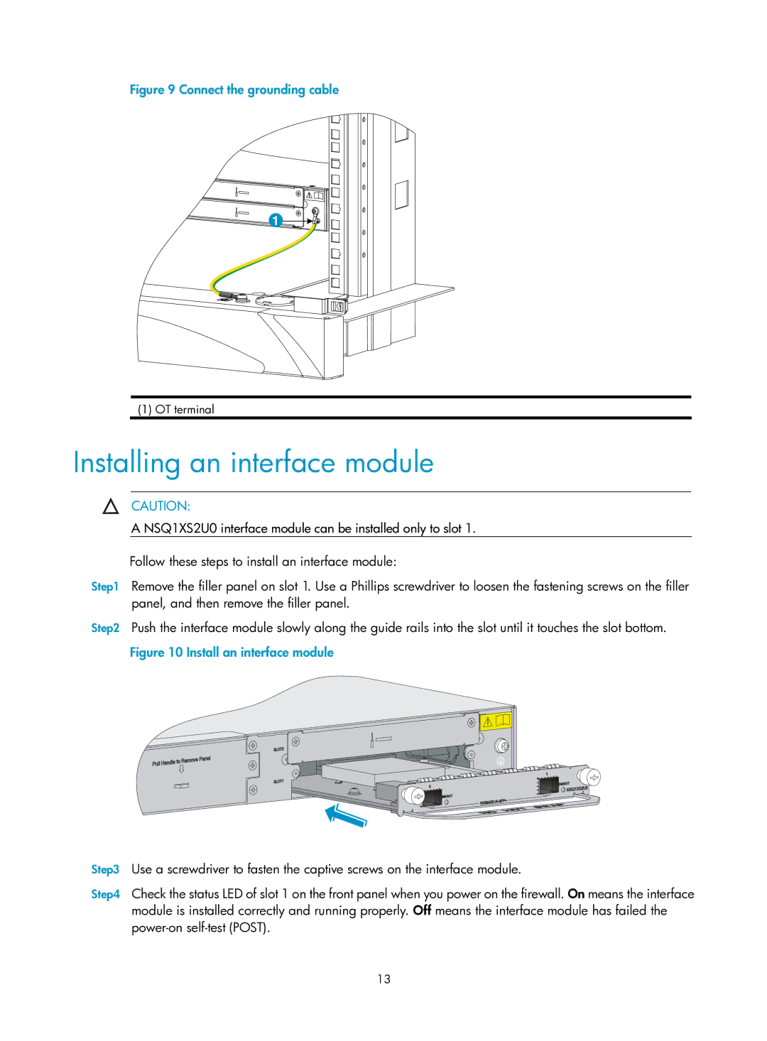 HP Firewall manual Installing an interface module, Connect the grounding cable 