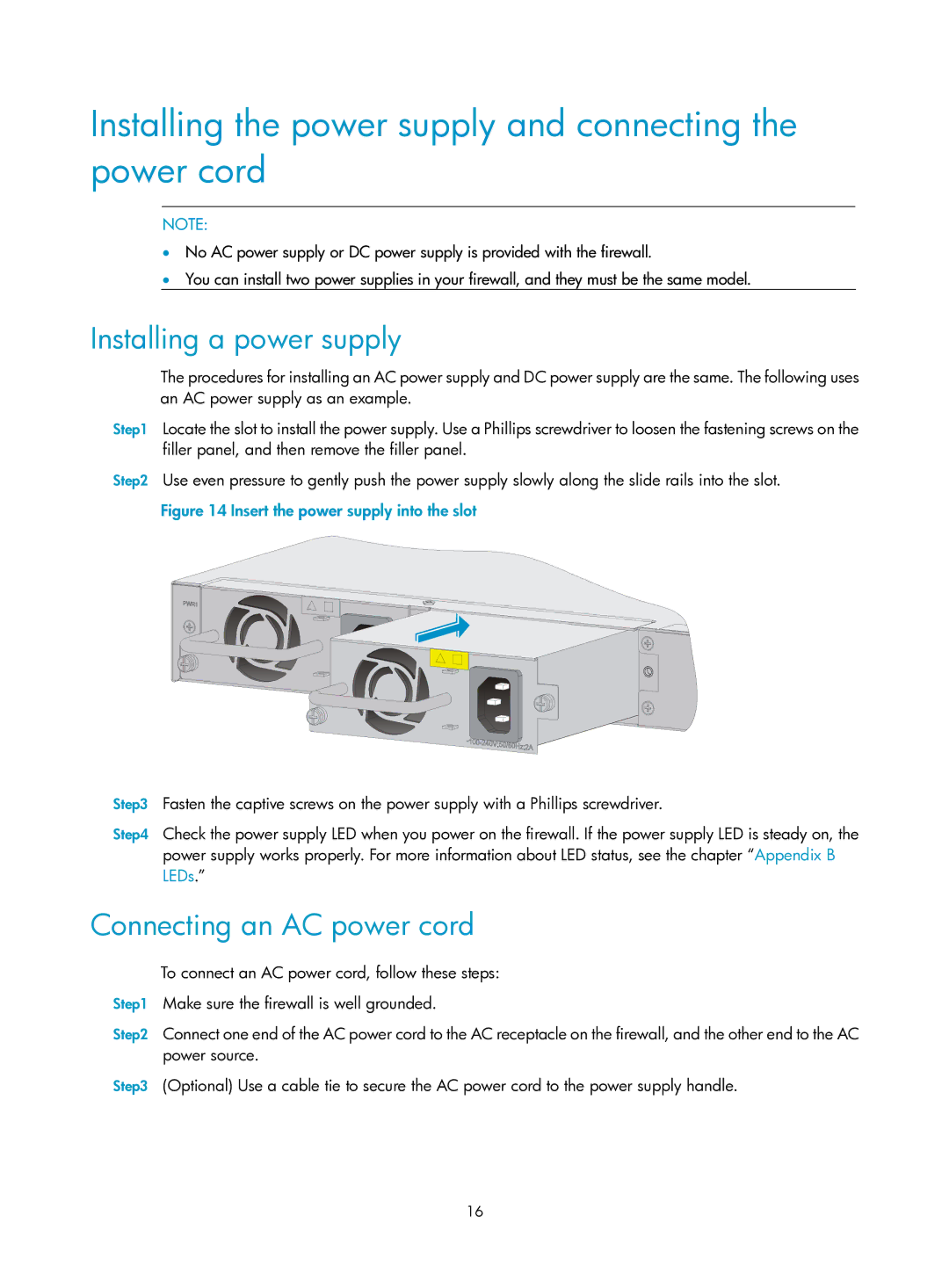 HP Firewall manual Installing the power supply and connecting the power cord, Installing a power supply 