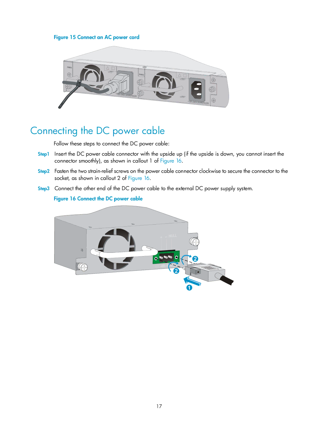 HP Firewall manual Connecting the DC power cable, Connect an AC power cord 