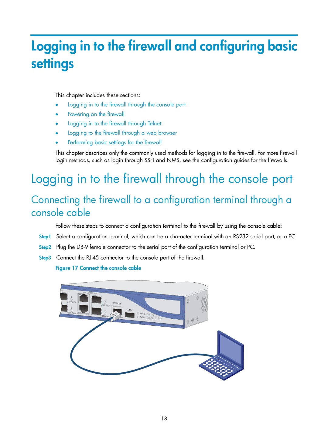 HP Firewall Logging in to the firewall and configuring basic settings, Logging in to the firewall through the console port 