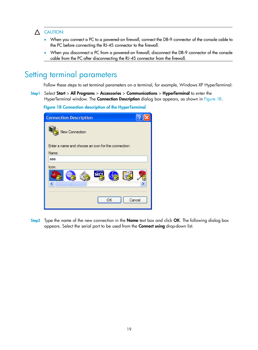 HP Firewall manual Setting terminal parameters, Connection description of the HyperTerminal 