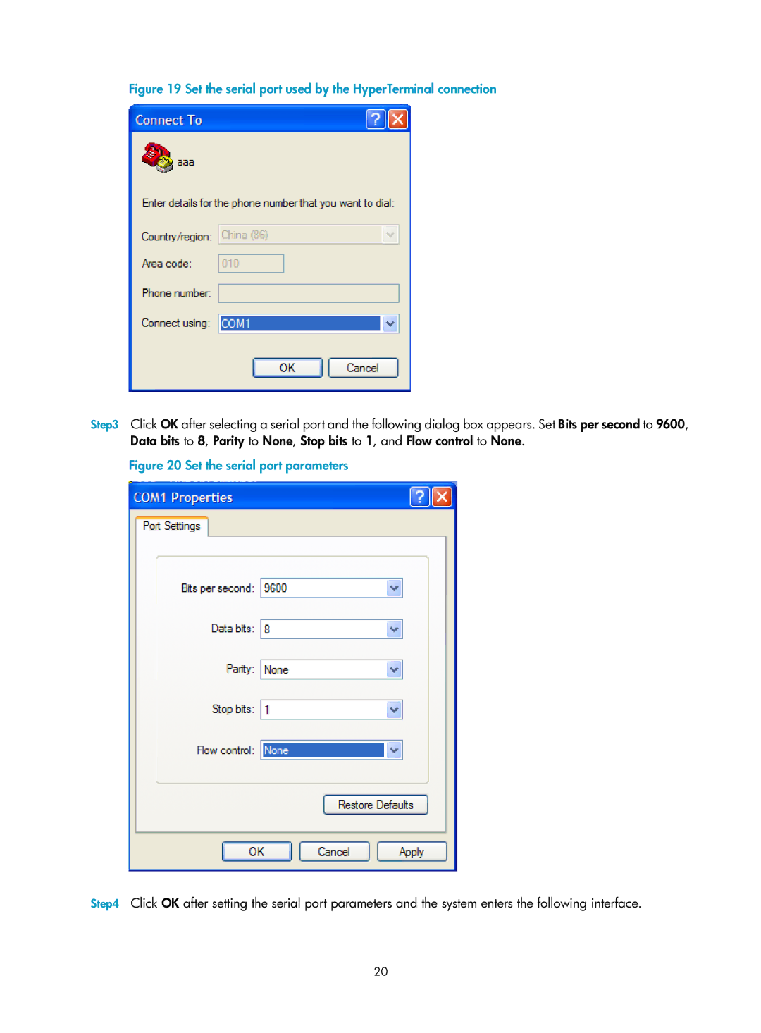 HP Firewall manual Set the serial port used by the HyperTerminal connection 