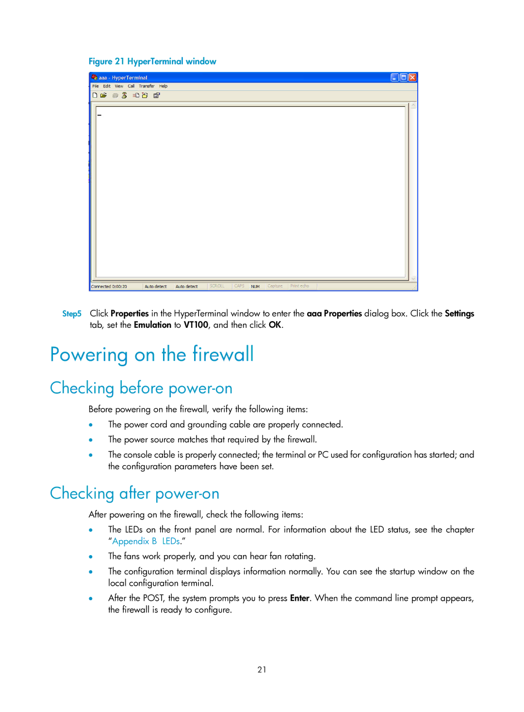 HP Firewall manual Powering on the firewall, Checking before power-on, Checking after power-on 