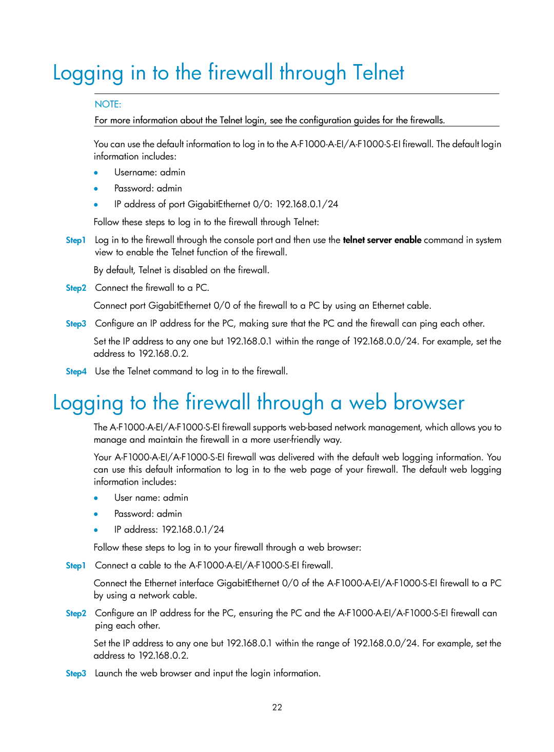 HP Firewall manual Logging in to the firewall through Telnet, Logging to the firewall through a web browser 