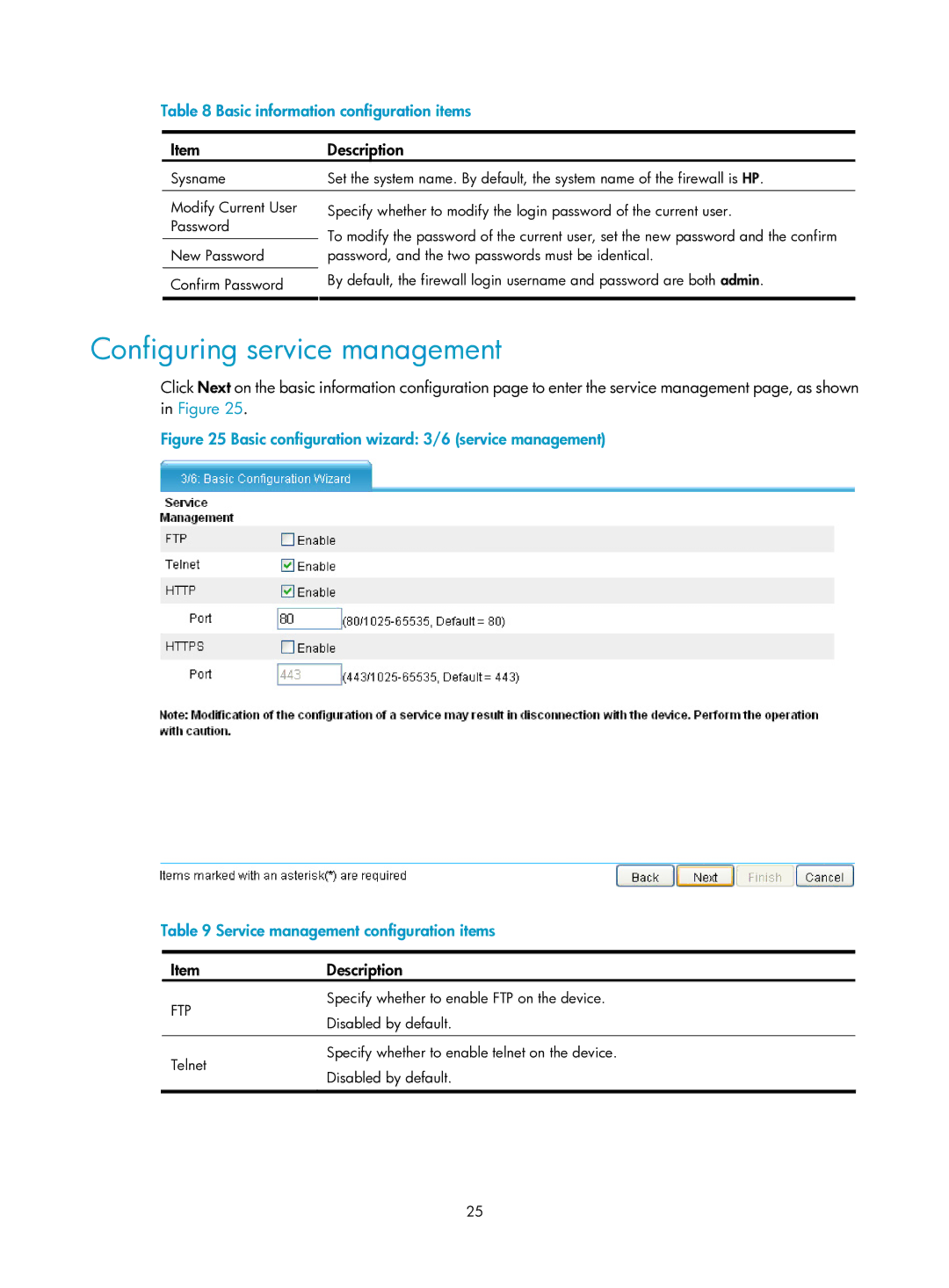 HP Firewall manual Configuring service management, Basic information configuration items, Description 