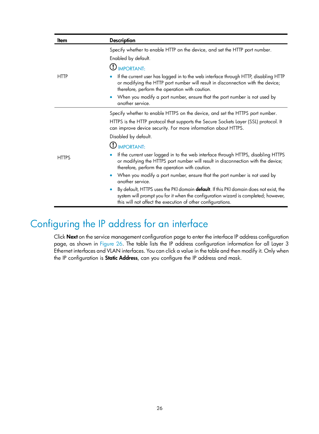 HP Firewall manual Configuring the IP address for an interface 