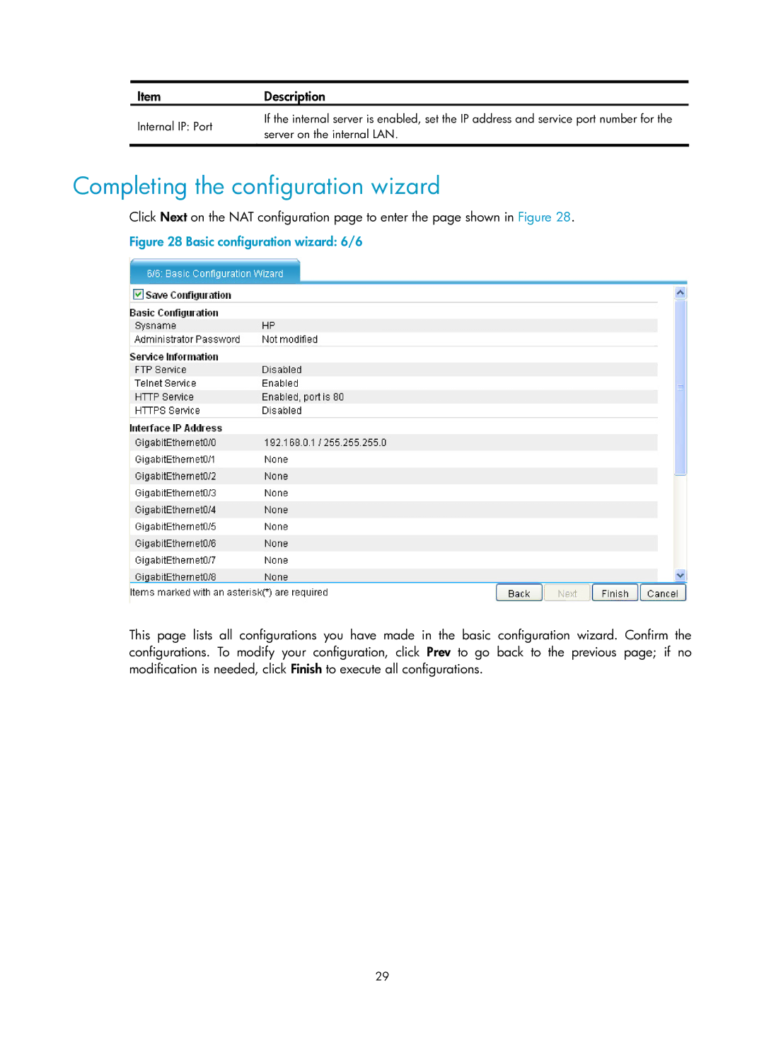 HP Firewall manual Completing the configuration wizard, Basic configuration wizard 6/6 