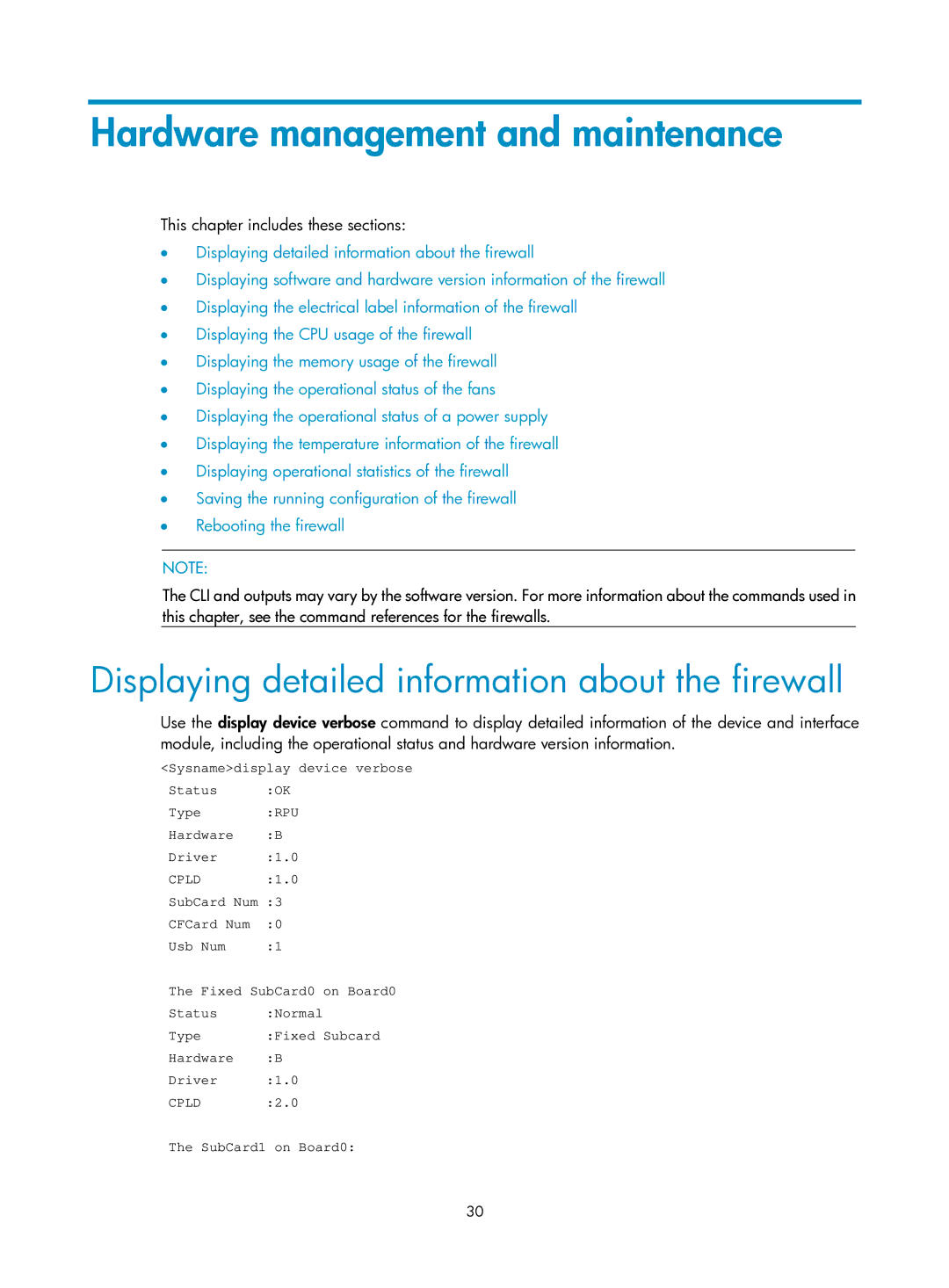 HP Firewall manual Hardware management and maintenance, Displaying detailed information about the firewall 