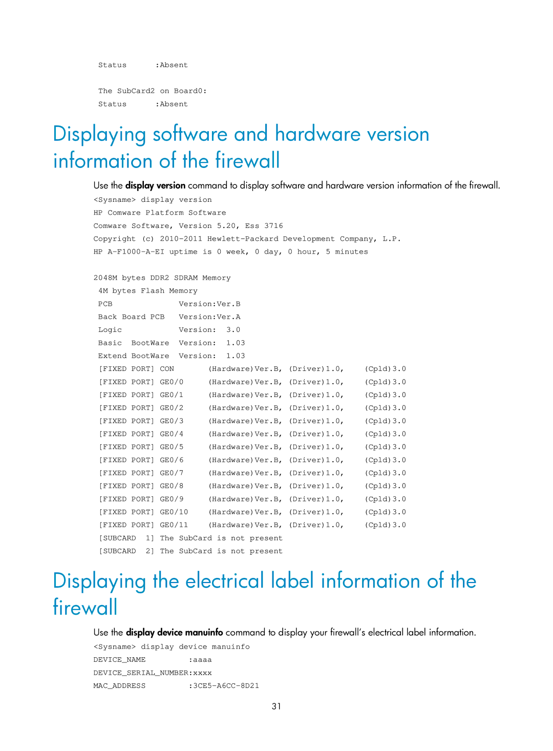 HP Firewall manual Displaying the electrical label information of the firewall 