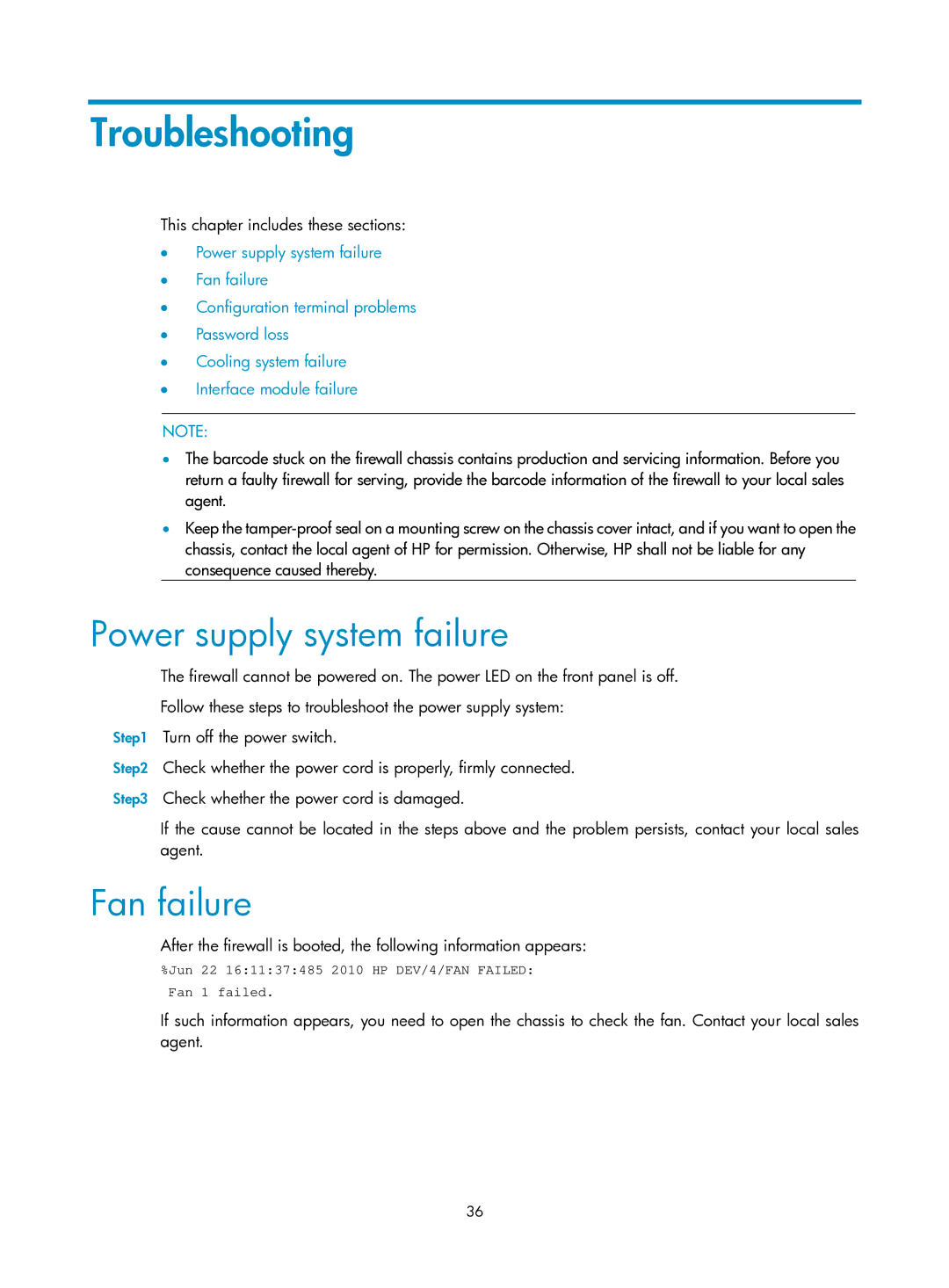 HP Firewall manual Troubleshooting, Power supply system failure, Fan failure 