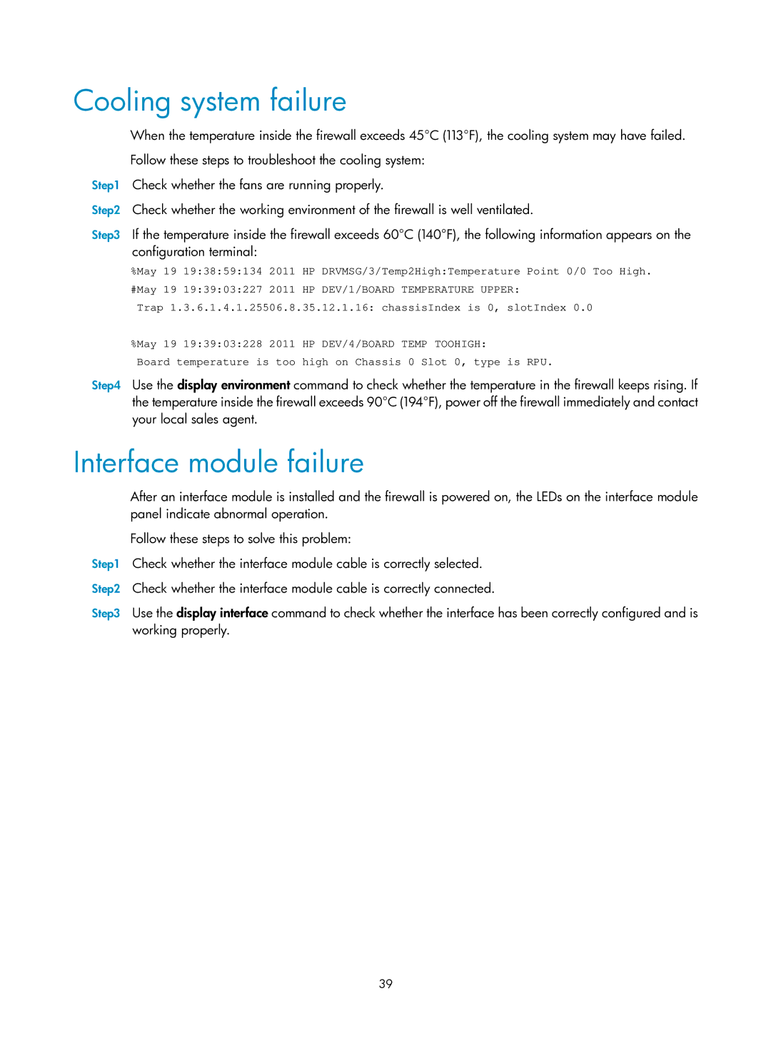 HP Firewall manual Cooling system failure, Interface module failure 