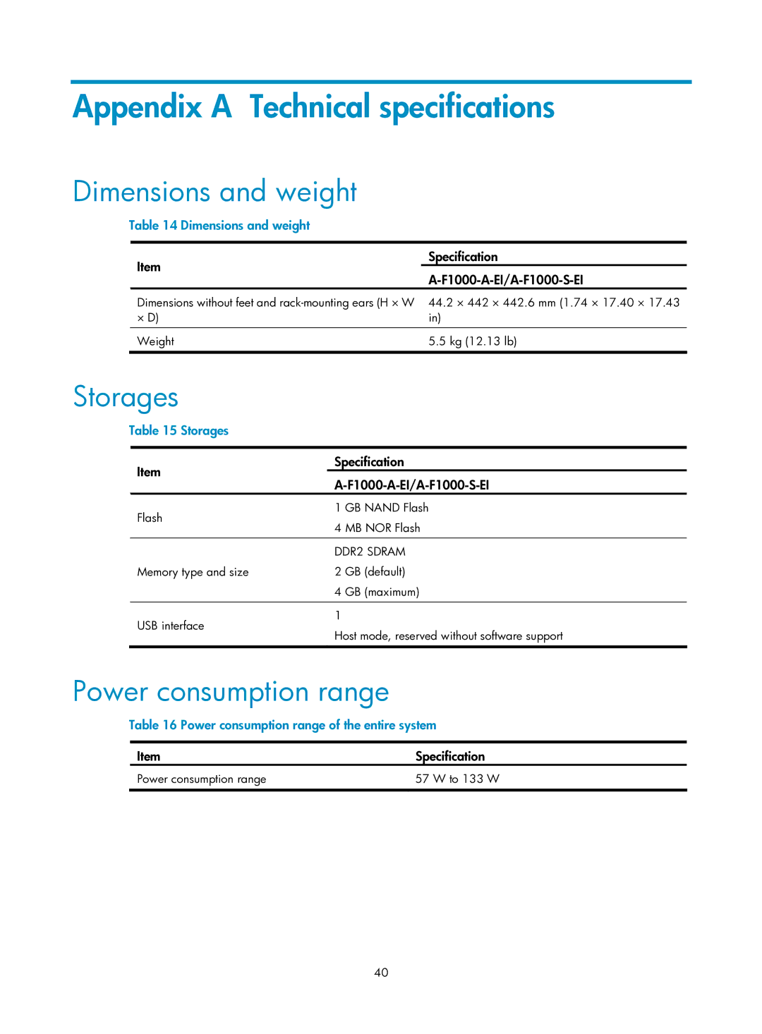 HP Firewall manual Appendix a Technical specifications, Dimensions and weight, Storages, Power consumption range 