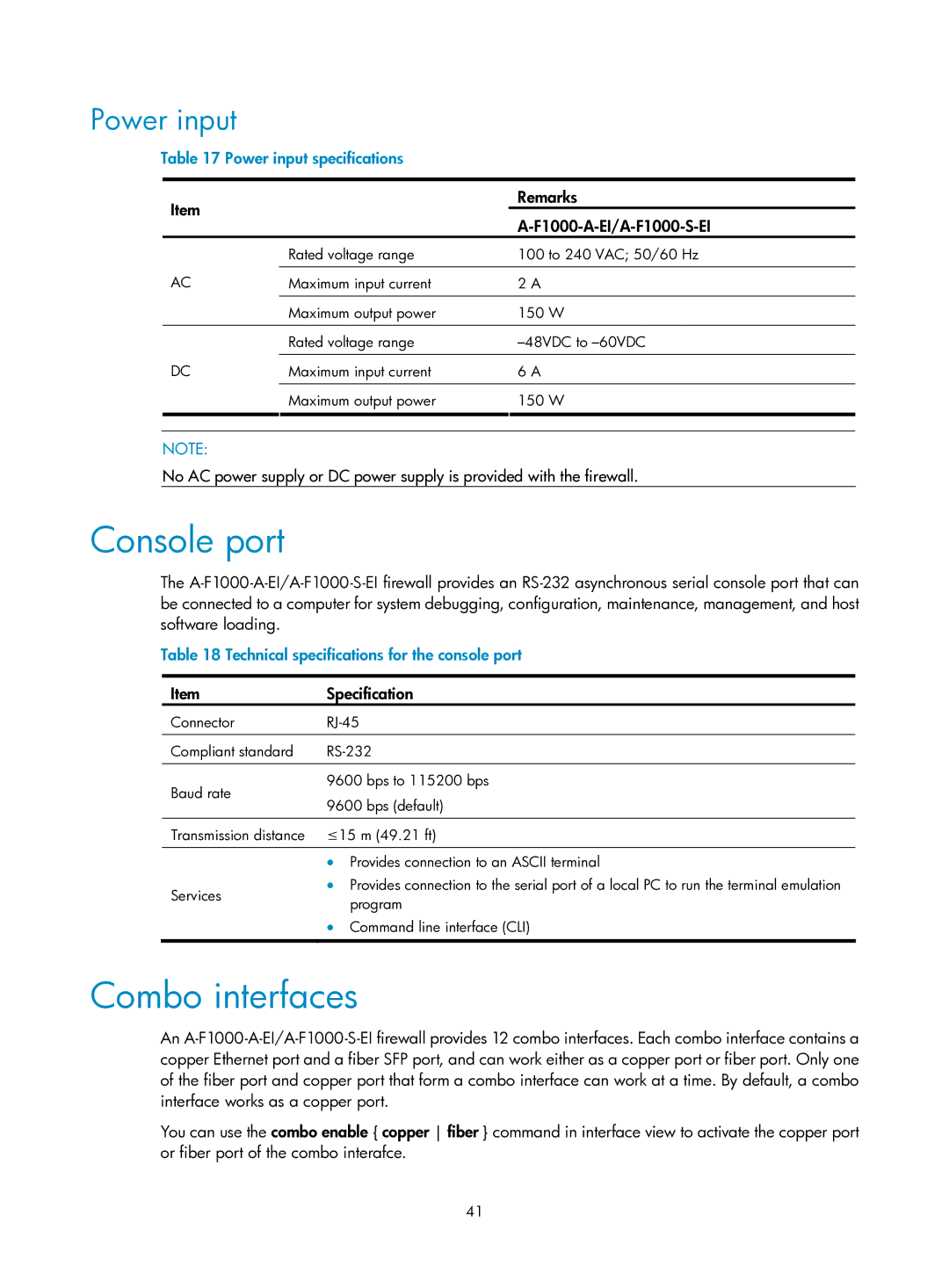 HP Firewall Console port, Combo interfaces, Power input specifications, Technical specifications for the console port 