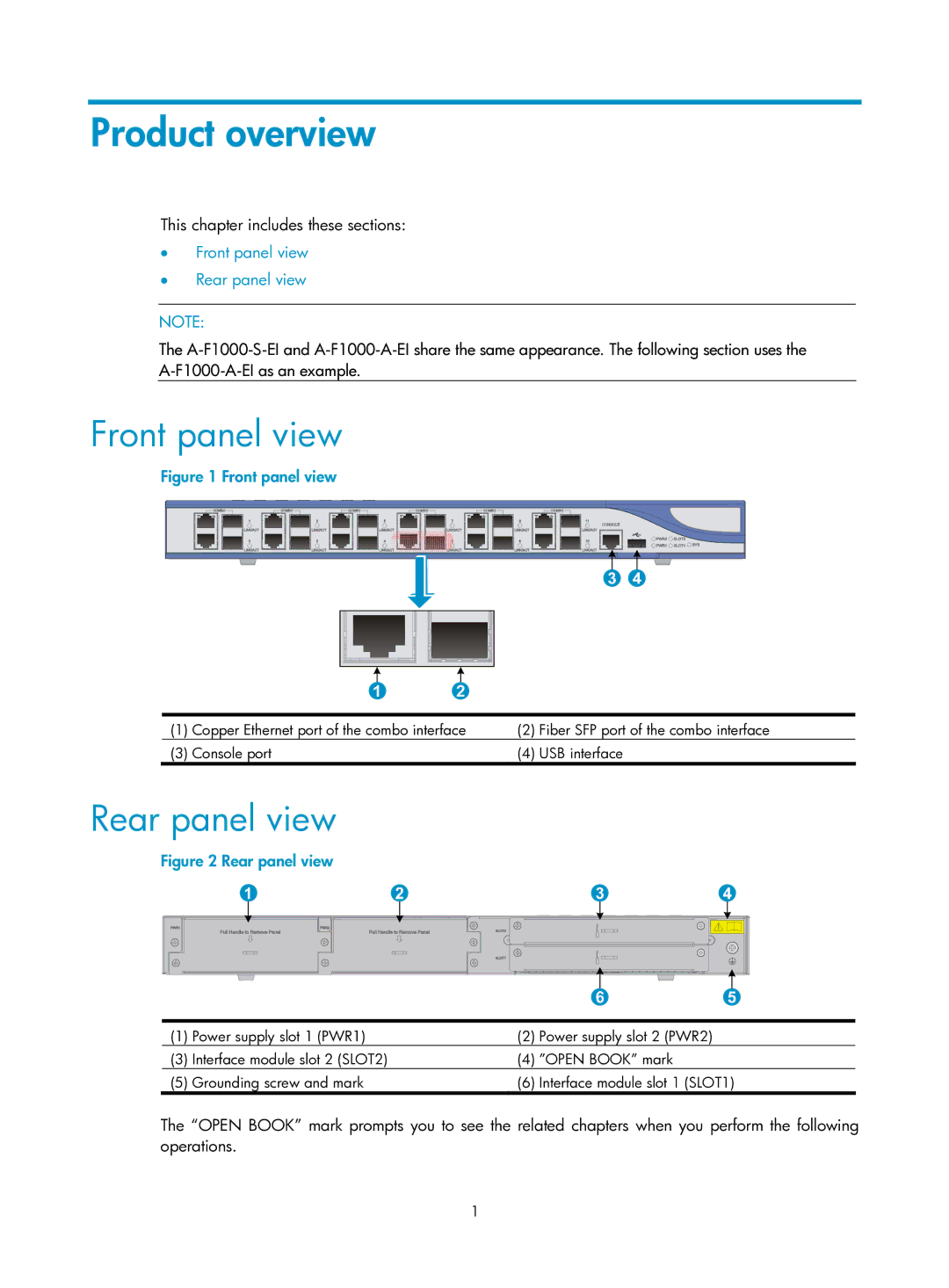 HP Firewall manual Product overview, Front panel view, Rear panel view, This chapter includes these sections 