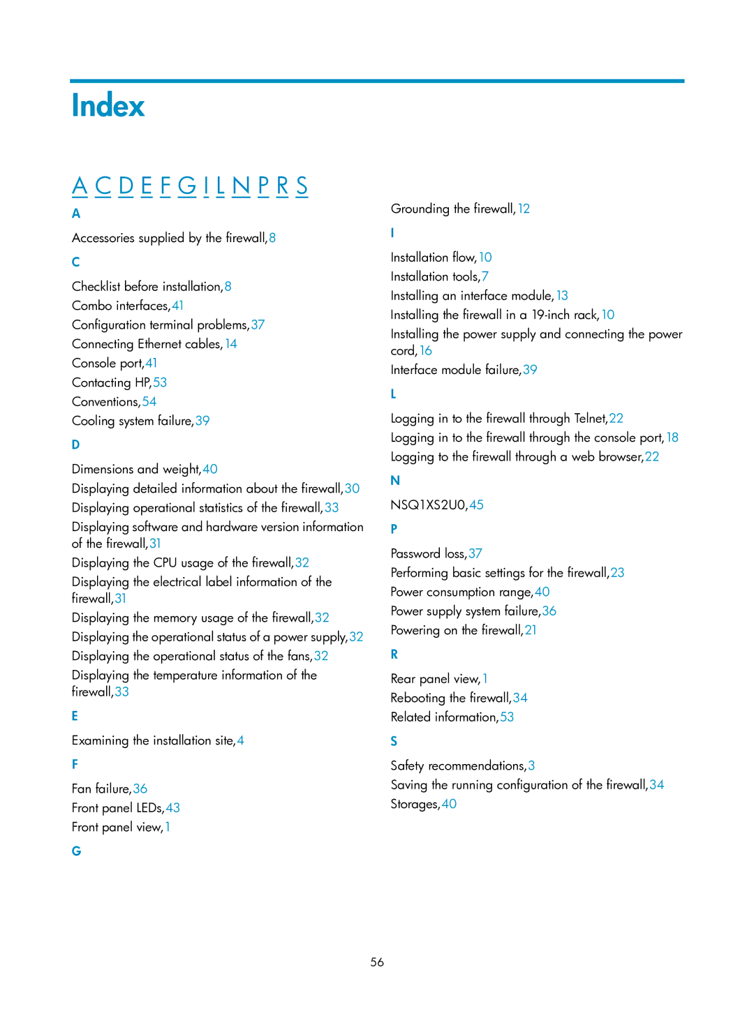 HP Firewall manual Index, D E F G I L N P R S 