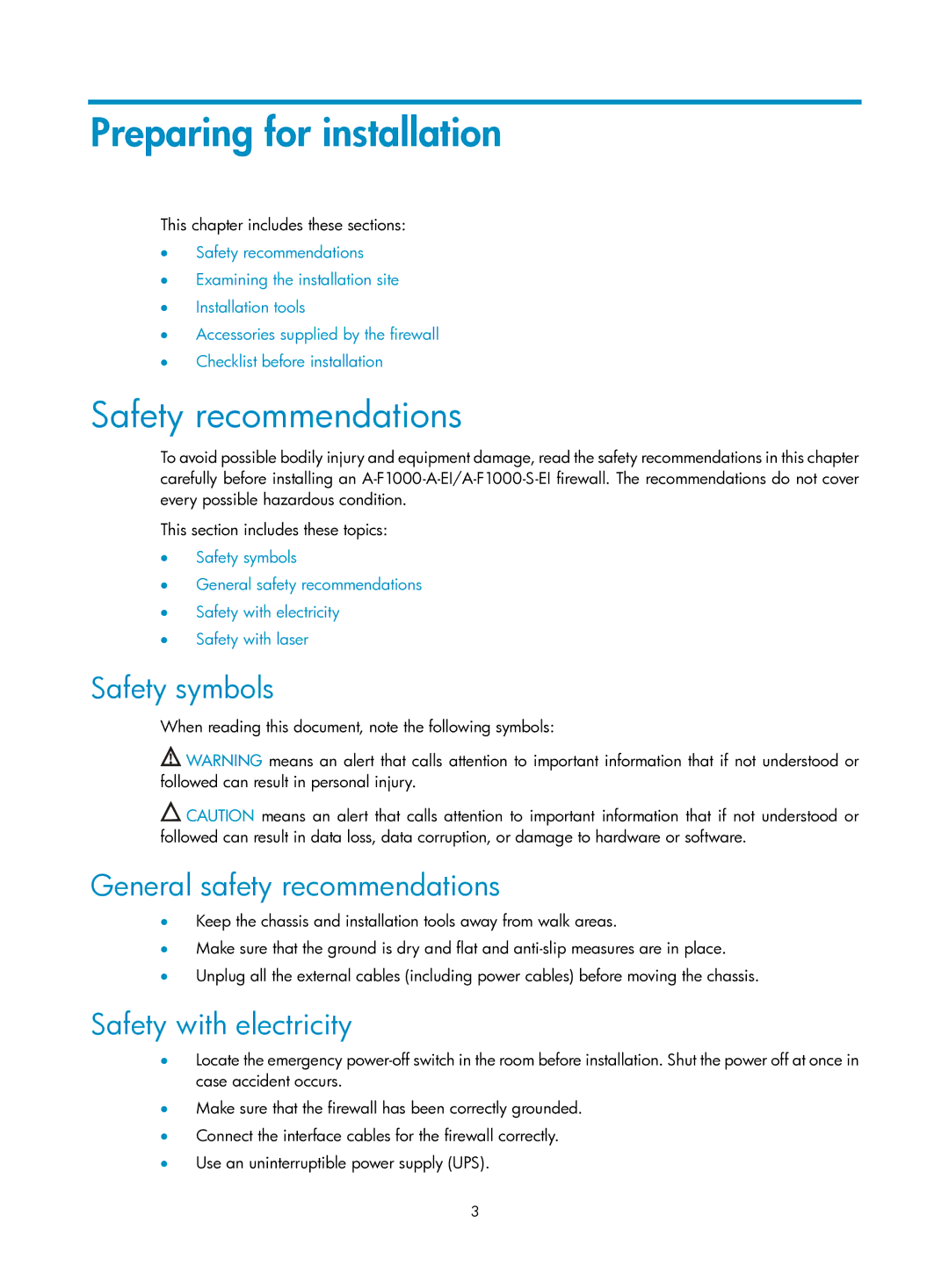 HP Firewall manual Preparing for installation, Safety recommendations, Safety symbols, General safety recommendations 