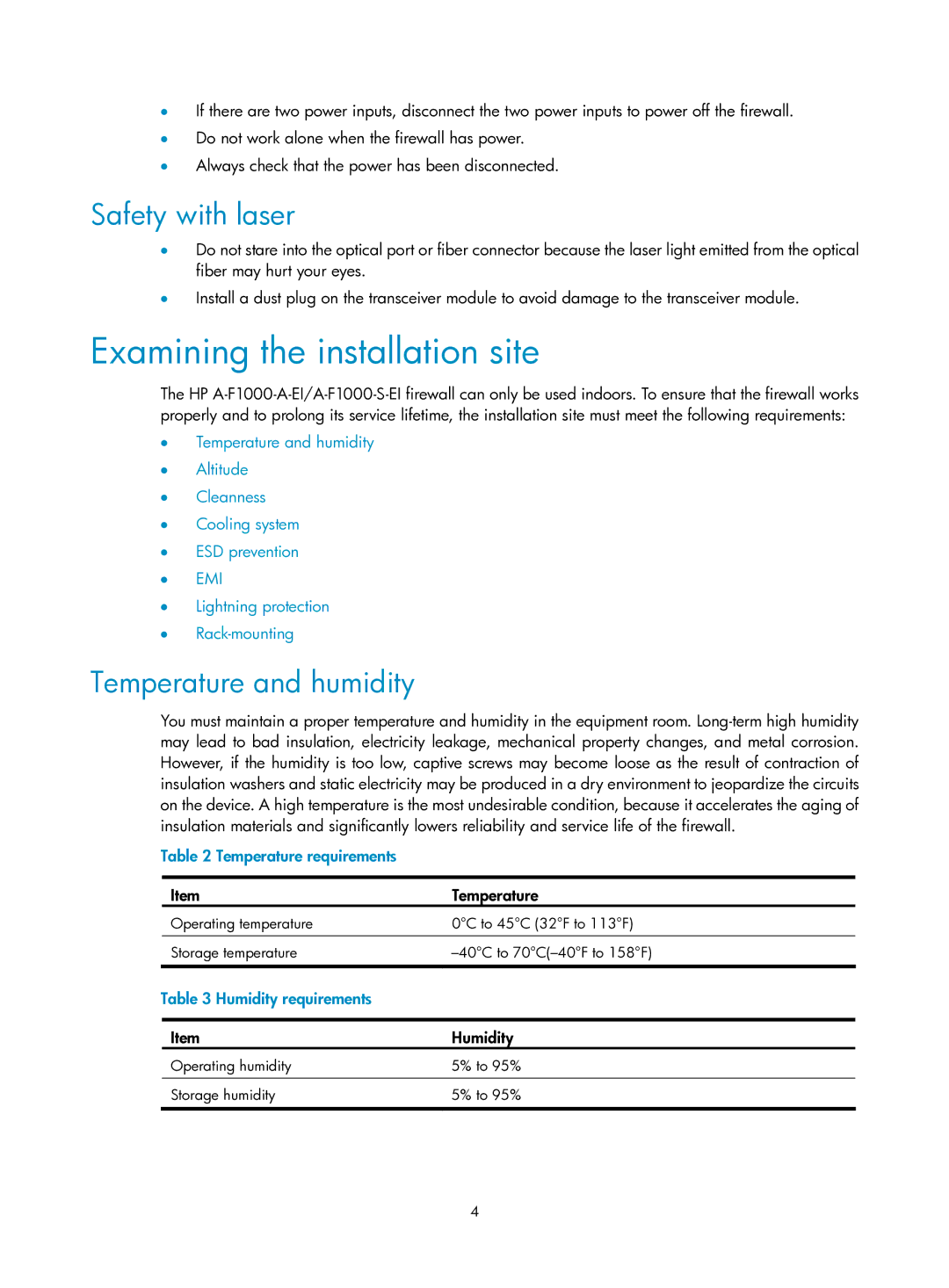 HP Firewall manual Examining the installation site, Safety with laser, Temperature and humidity 