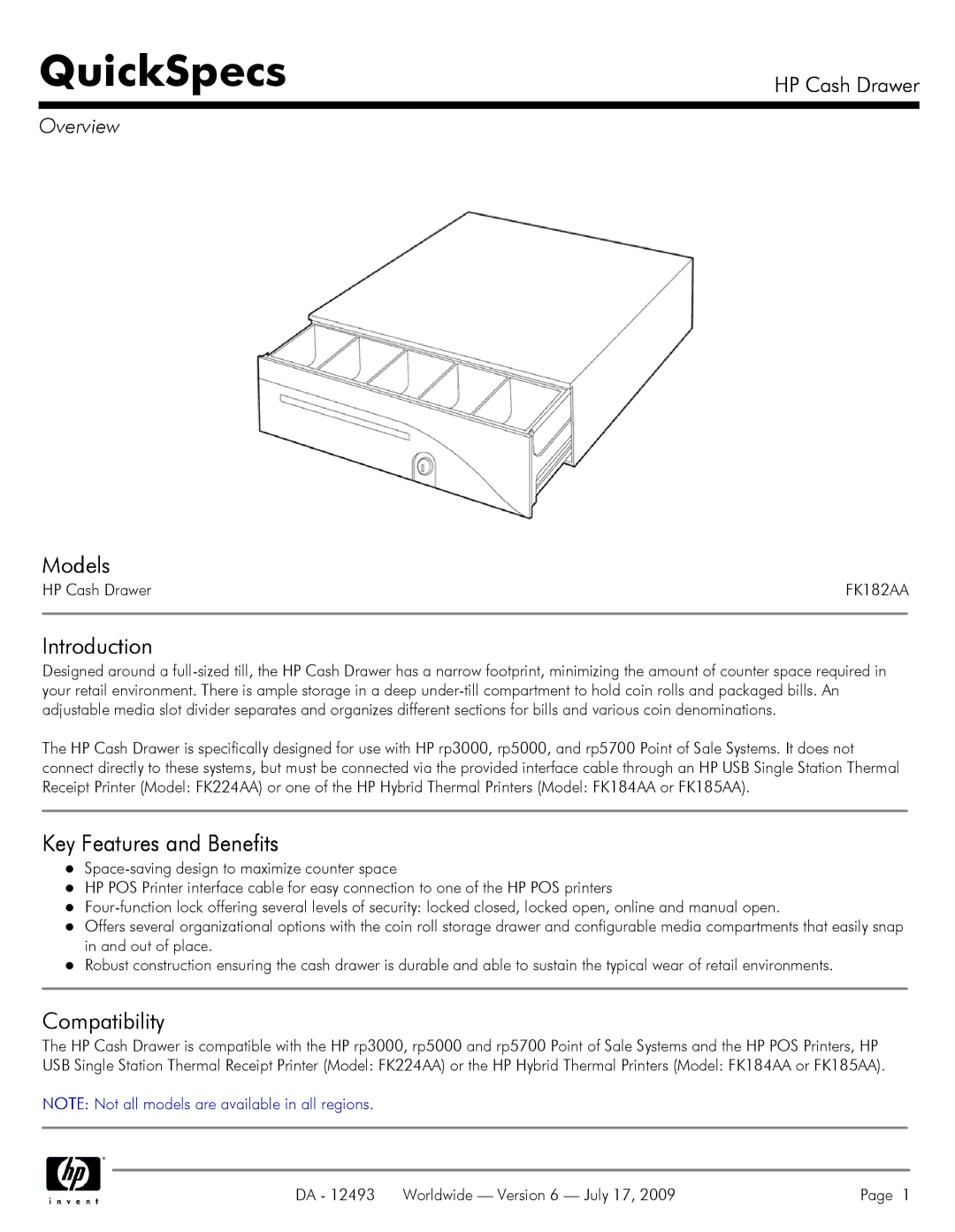 HP FK224AA Thermal Receipt FK224AA manual QuickSpecs, Models, Introduction, Key Features and Benefits, Compatibility 