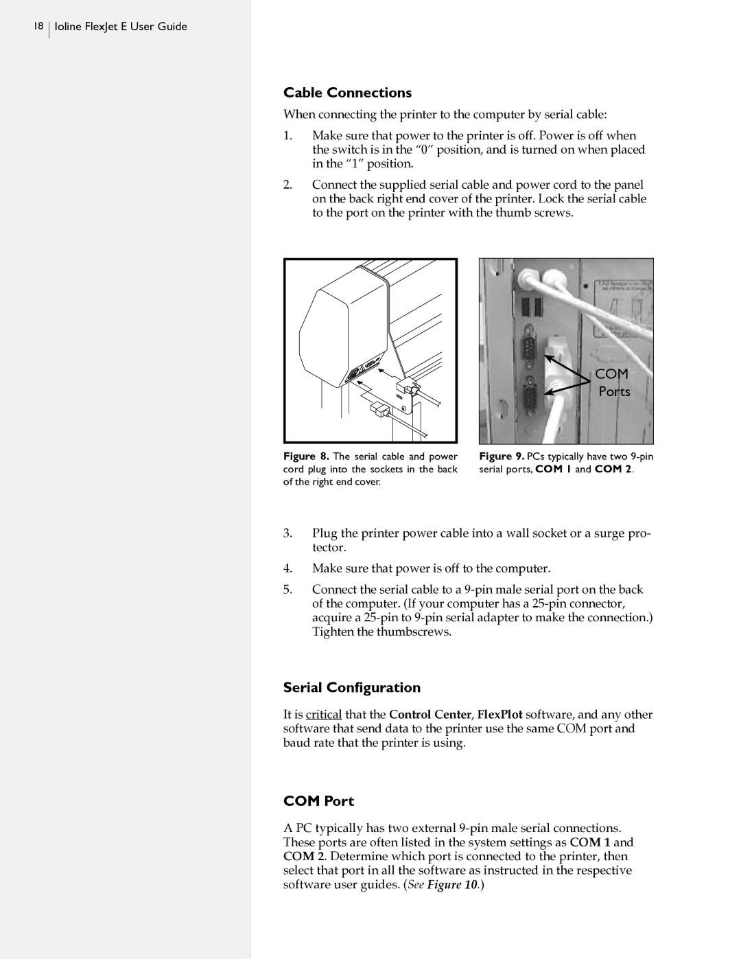 HP FlexJet E, StudioJet manual Cable Connections, Serial Configuration, COM Port 