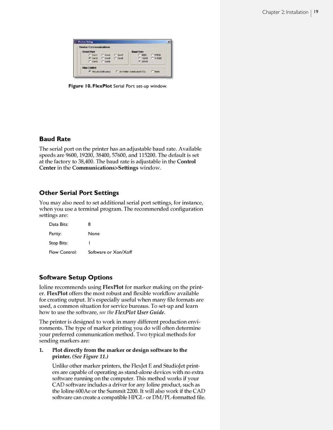 HP StudioJet, FlexJet E manual Baud Rate, Other Serial Port Settings, Software Setup Options, Installation 