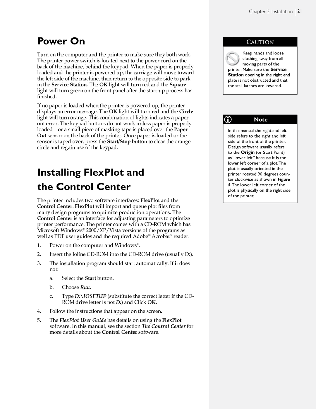 HP StudioJet, FlexJet E manual Power On, Installing FlexPlot and the Control Center 