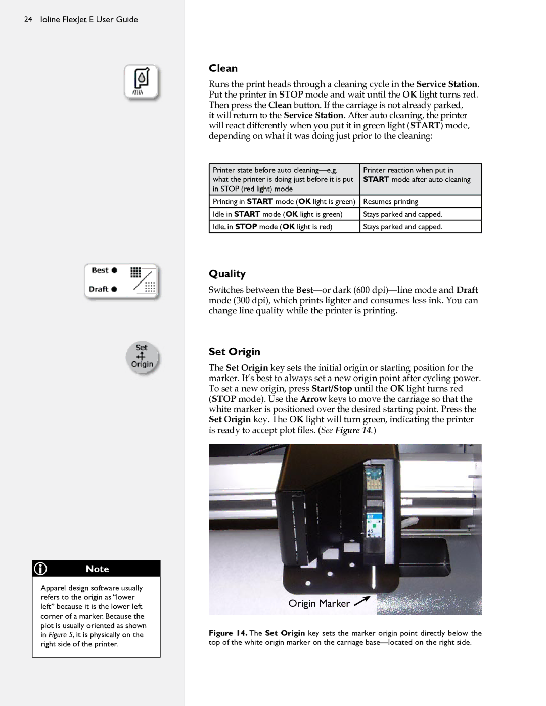 HP FlexJet E, StudioJet manual Clean, Quality, Set Origin 