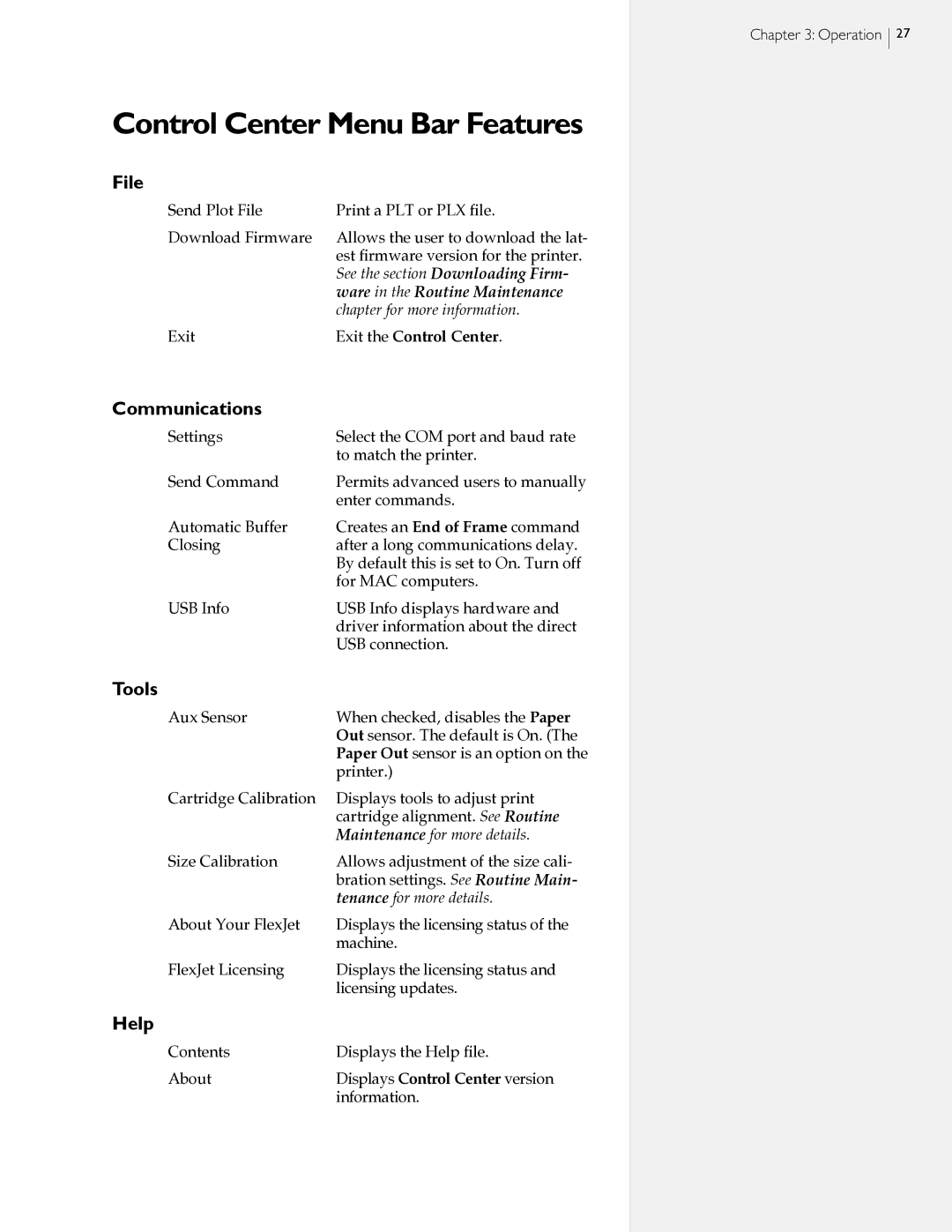 HP StudioJet, FlexJet E manual Control Center Menu Bar Features, File, Communications, Tools, Help 